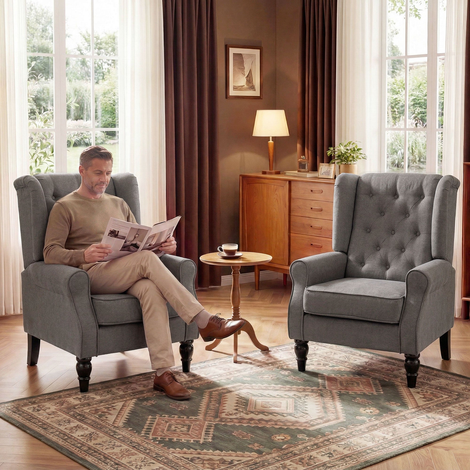 Wingback Accent Chair for Living Room, Button-Tufted Lounge Chair with Round Armrests and Wood Legs, Dark Gray