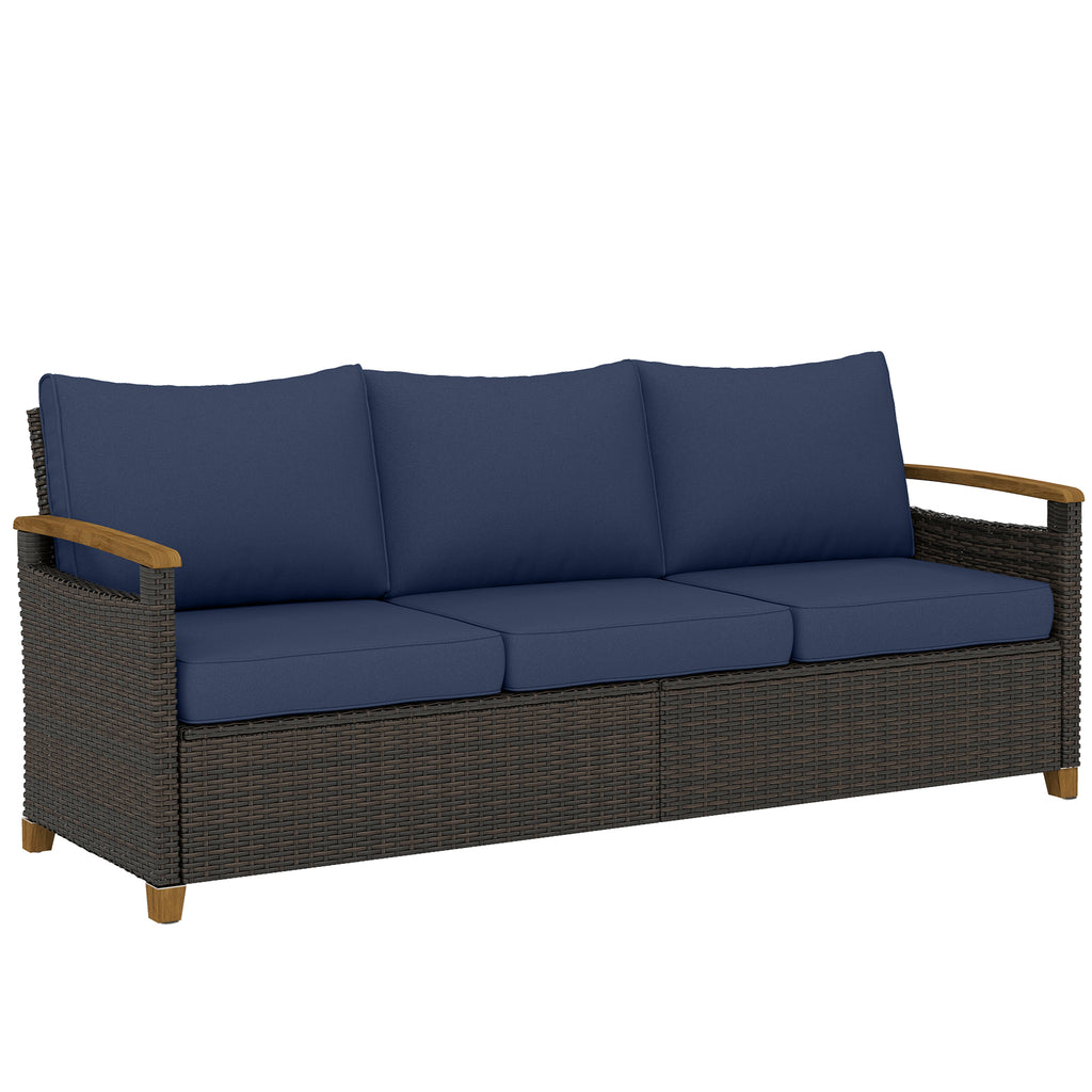 3 Seater Outdoor Couch Sofa, PE Wicker Patio Sofa, Wide Deep Seat, 4" Cushions, Wood-Effect Armrests Legs, Dark Blue