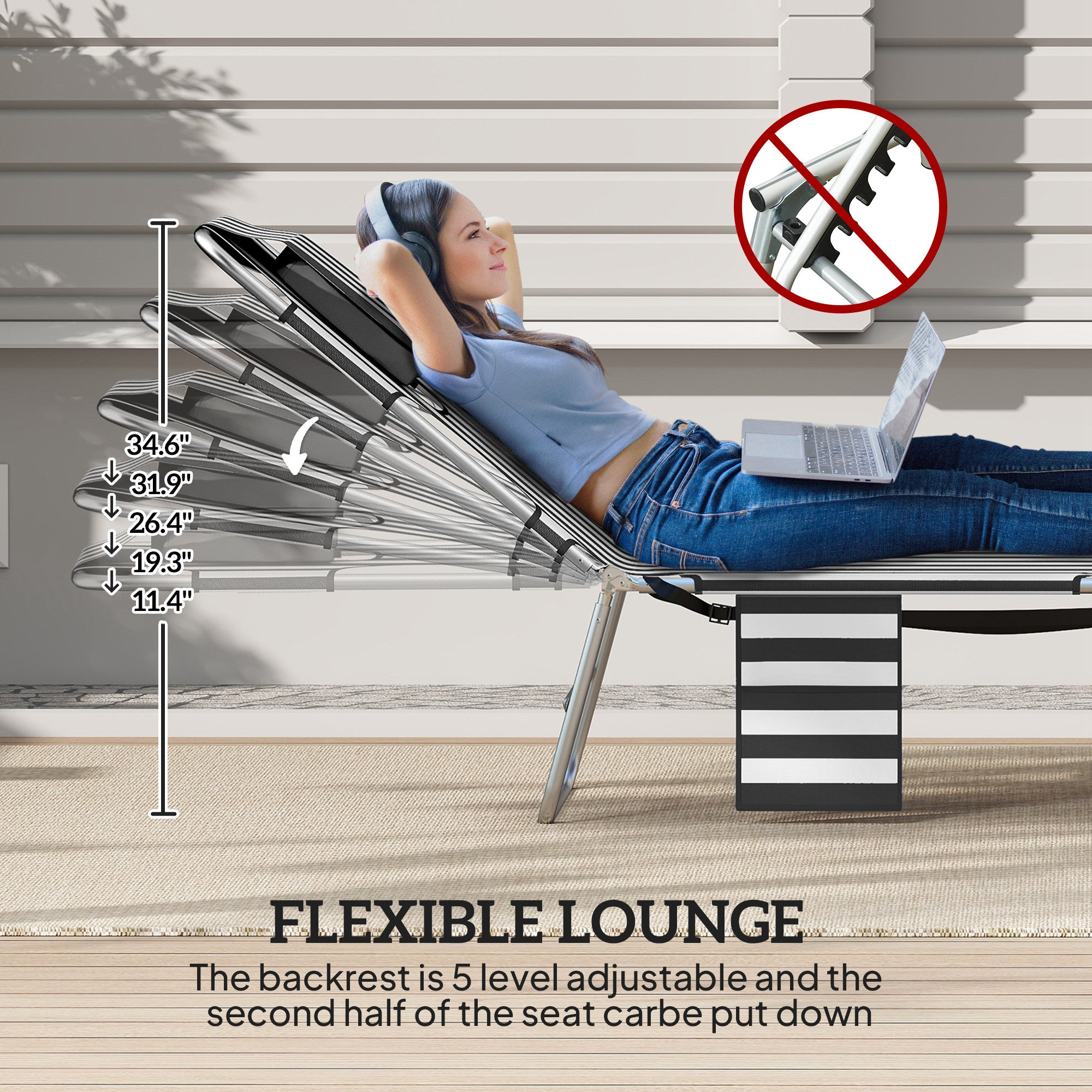 Tanning Chair with Face Hole, 5-Level Adjustable Outdoor Chaise Lounge Chair with Pillow for Beach, Pool, Black Stripe