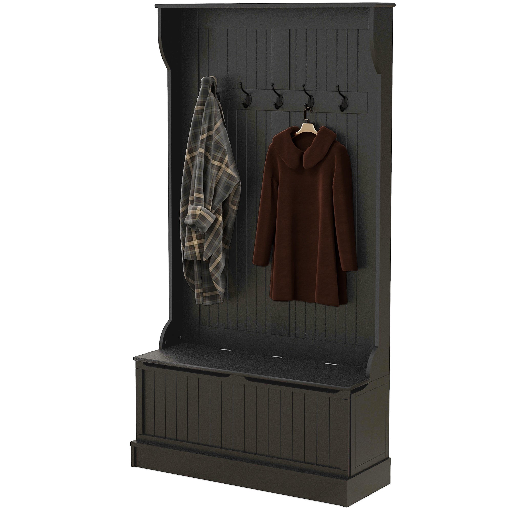3-In-1 Entryway Bench with Coat Rack, Hall Tree with Bench and Shoe Storage, 5 Hooks for Hallway Black