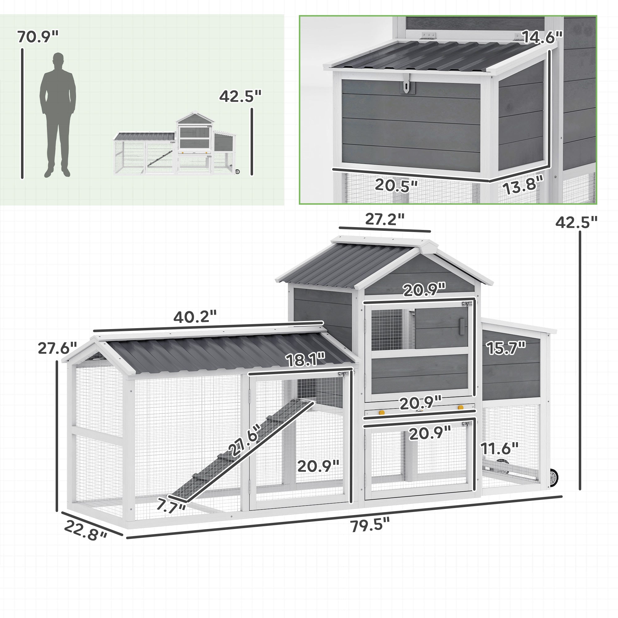 Chicken Coop with Wheels, 80" L Mobile Hen House with Run, Outdoor Wooden Chicken House with Nesting Box, Tray, Ramp