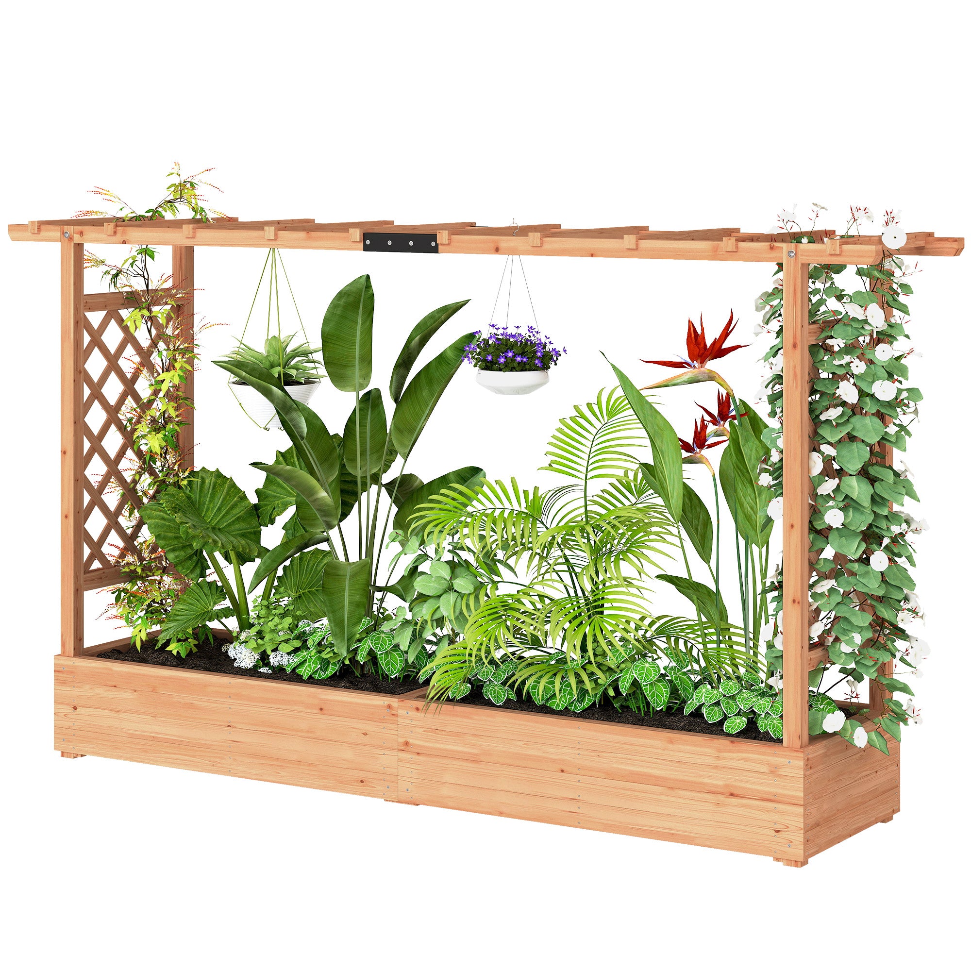Wooden Planter Box with Trellis, Hanging Roof and Drainage Holes for Climbing Plants, Vegetables, Herbs and Flowers