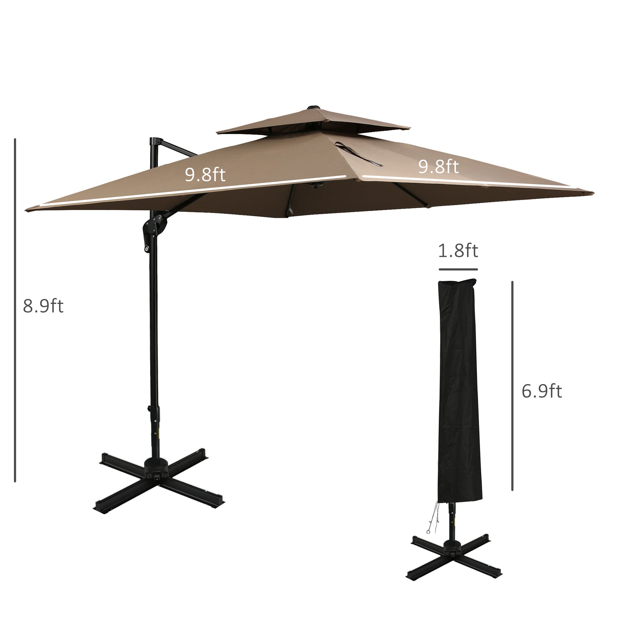 10ft Offset Patio Umbrella with Base, Hanging Aluminum Cantilever Umbrella with 360-degree Rotation, Coffee
