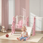 4 in 1 Toddler Slide and Swing Set with Climber, Basketball Hoop, Rabbit Themed Kids Playset for Ages 1.5-4, Pink