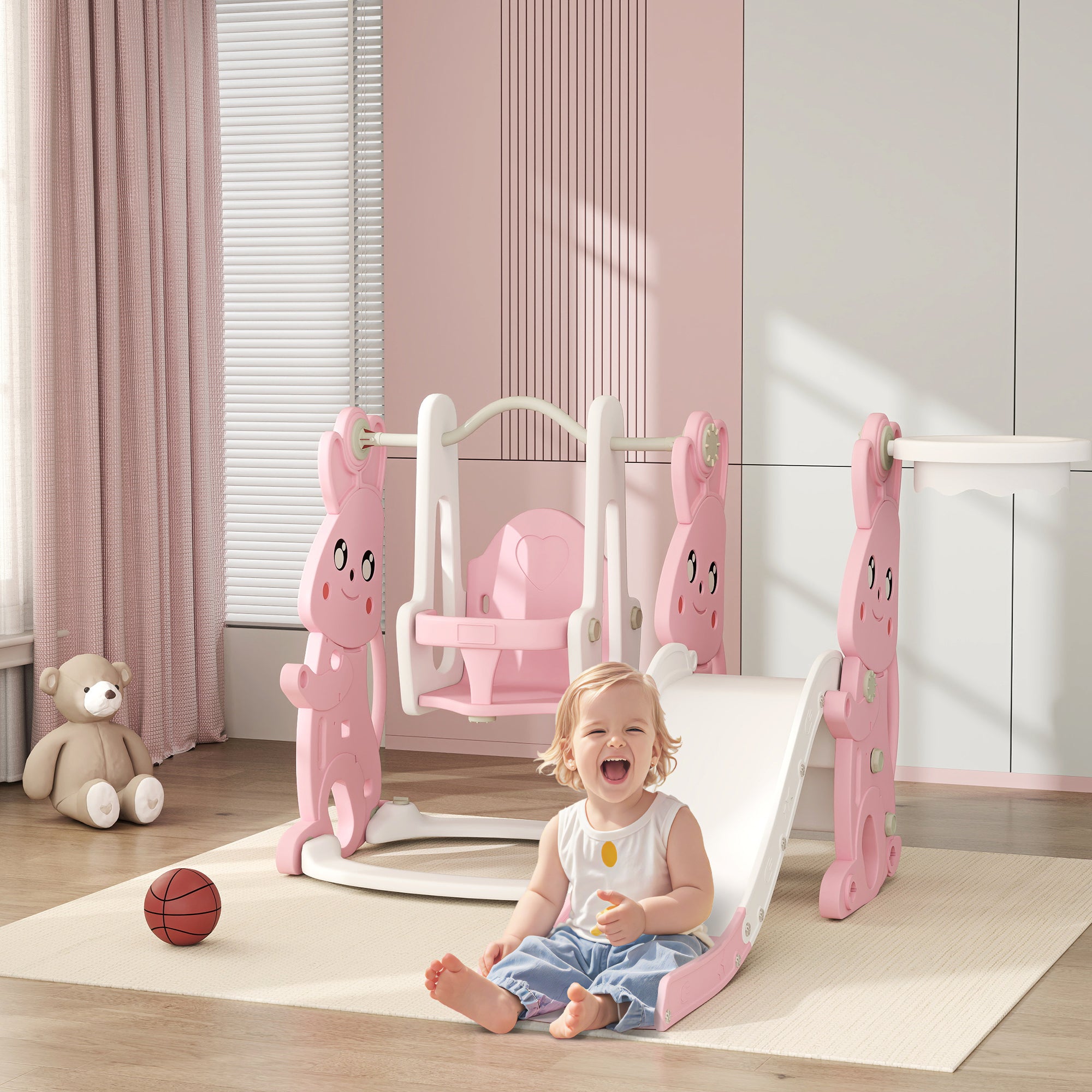 4 in 1 Toddler Slide and Swing Set with Climber, Basketball Hoop, Rabbit Themed Kids Playset for Ages 1.5-4, Pink