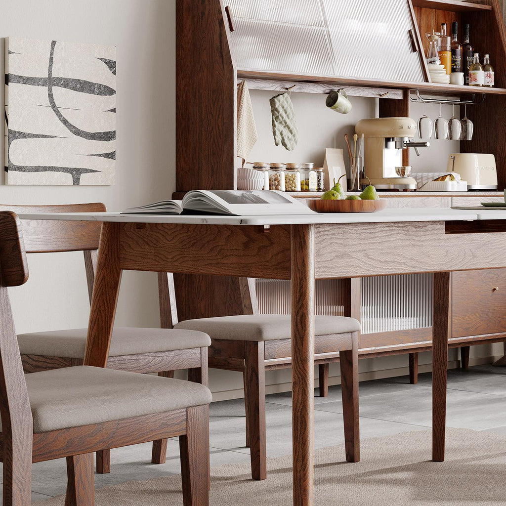 Extendable Dining Table with Stone Slab Tabletop, Sturdy Kitchen Table with Rounded Corners, 59″ L x 31.5″ W x 29.5″ H, White+Walnut