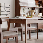 Extendable Dining Table with Stone Slab Tabletop, Sturdy Kitchen Table with Rounded Corners, 59″ L x 31.5″ W x 29.5″ H, White+Walnut