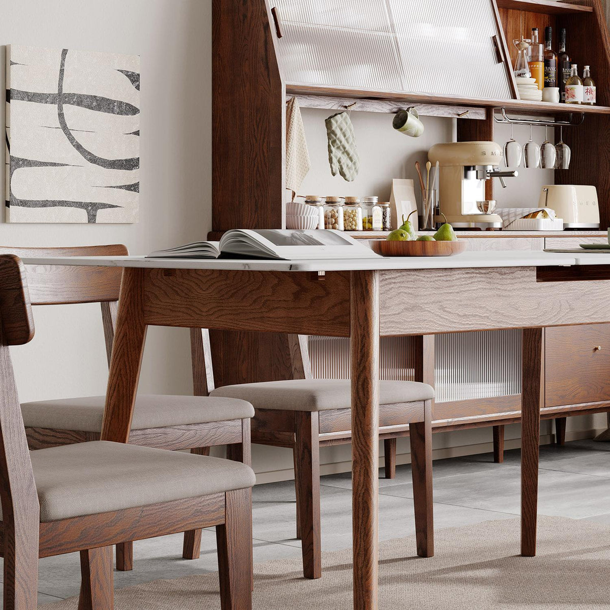 Extendable Dining Table with Stone Slab Tabletop, Sturdy Kitchen Table with Rounded Corners, 59″ L x 31.5″ W x 29.5″ H, White+Walnut