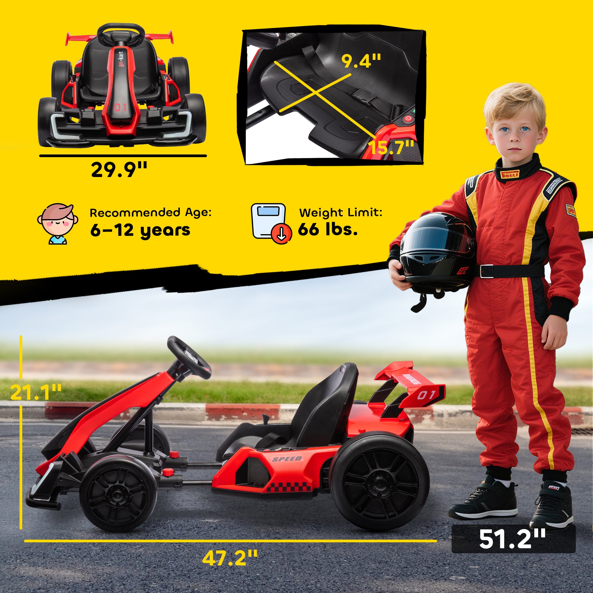 24V 7.5 MPH Electric Go Kart with Adjustable Seat, Slow Start, Red
