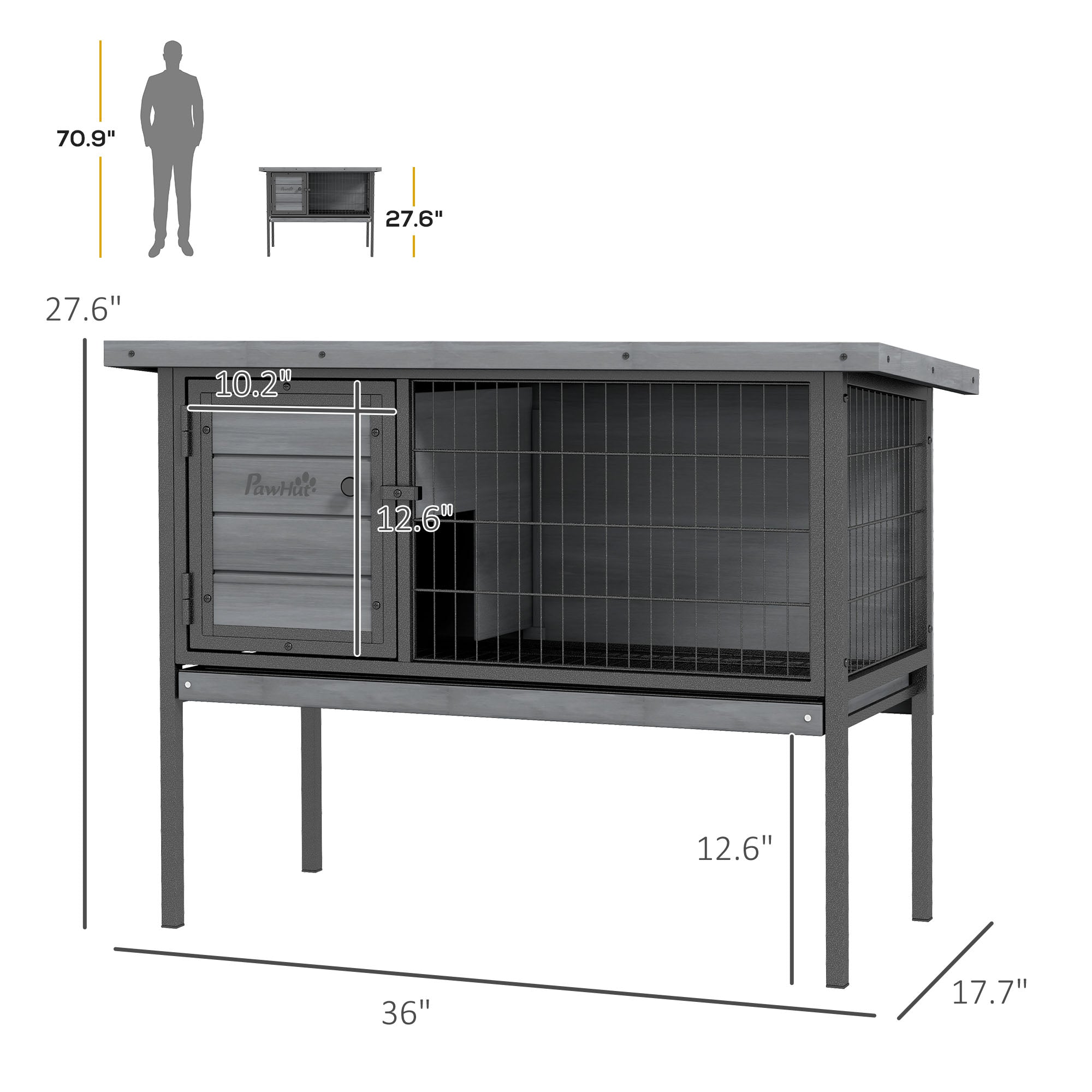 Wooden Rabbit Hutch Elevated with No Leak Tray, Openable Roof for Indoor/Outdoor, Gray