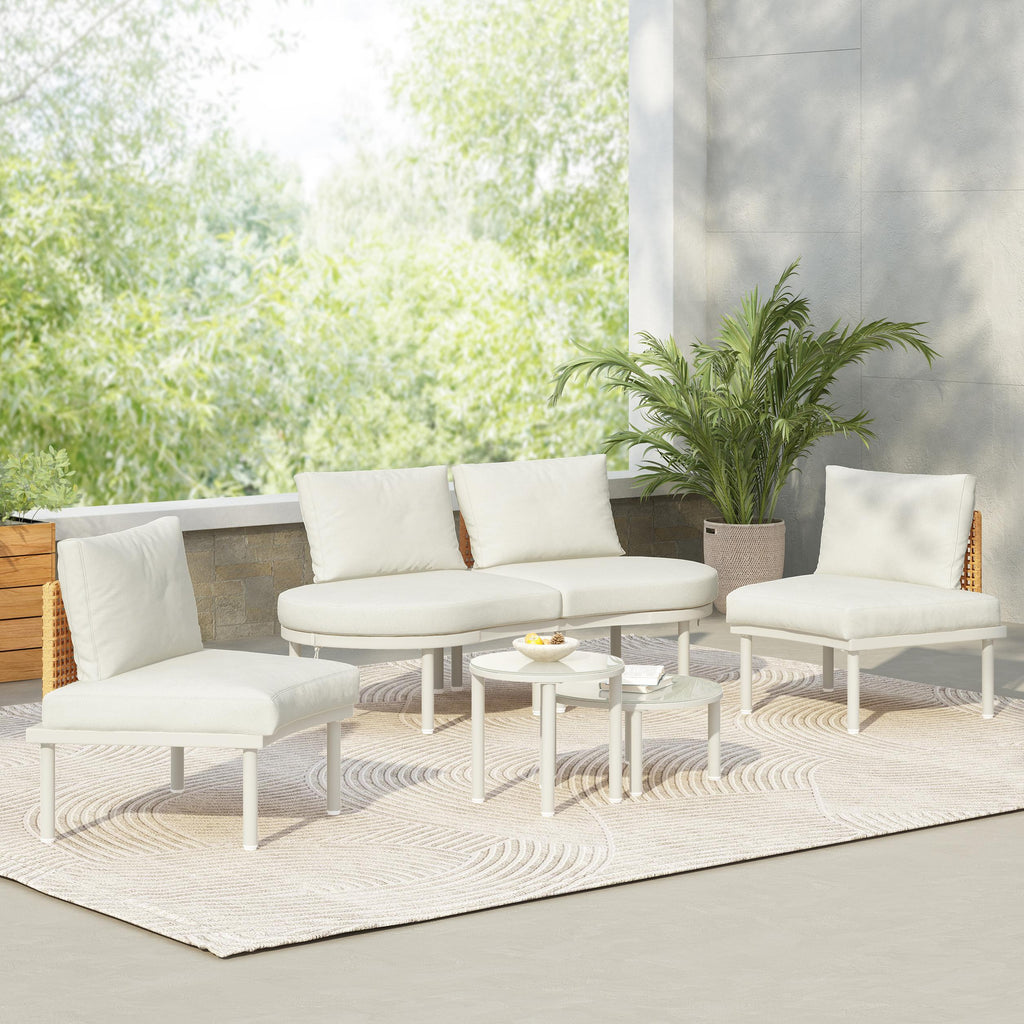 6-Piece Half Moon Patio Set with 2 Nesting Table for Backyard, Modular Wicker Sectional Sofa with Cushion, 34.5'' L x 25.5'' W x 12.5'' H, Beige