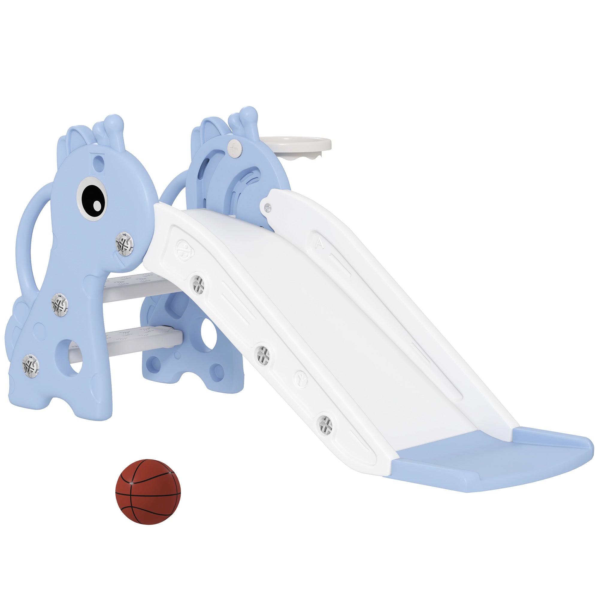 3-in-1 Toddler Slide for Age 1-3, Freestanding Kids Slide with Climber, Basketball Hoop and Ball, Giraffe Design, Blue