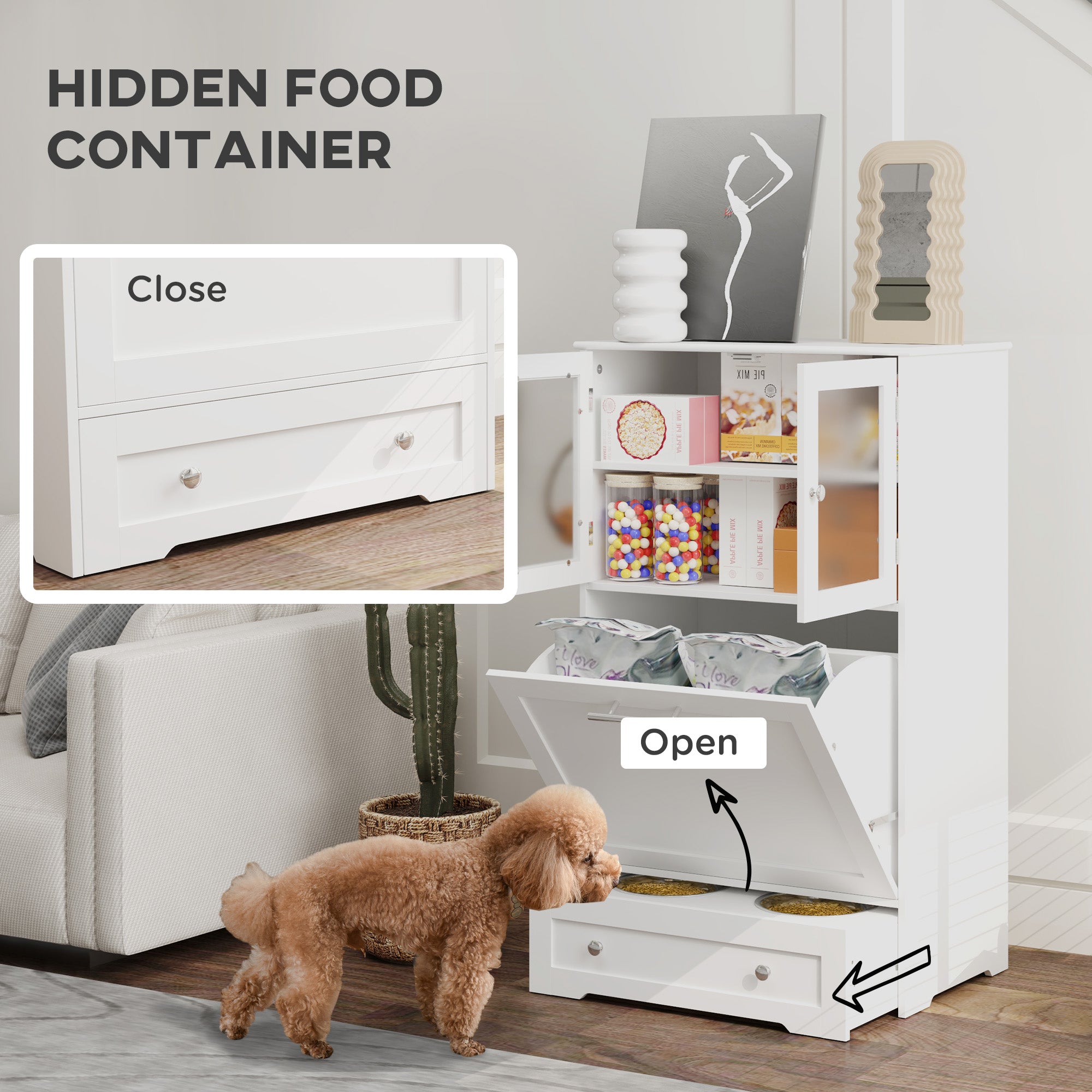 Dog Feeding Station with Two Storage Cabinets, 2 Elevated Dog Bowls, Side Hooks, Anti-tip Kit, for Feeding & Watering