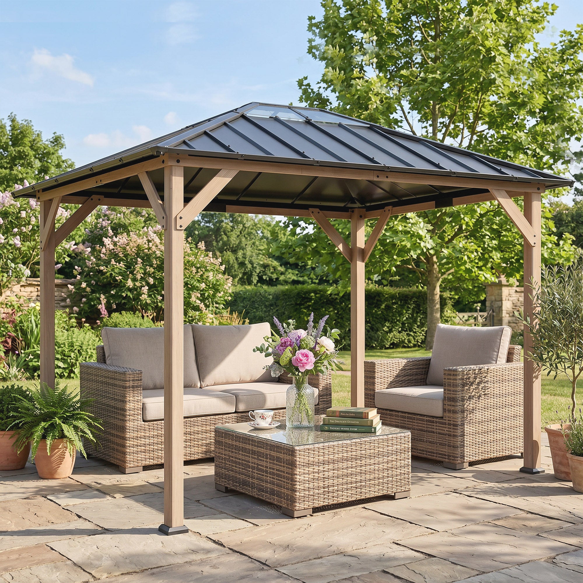 10' x 12' Hardtop Gazebo with Galvanized Steel Roof, UPF50+ Wood Permanent Pavilion with Clear Roof Top, Light Walnut