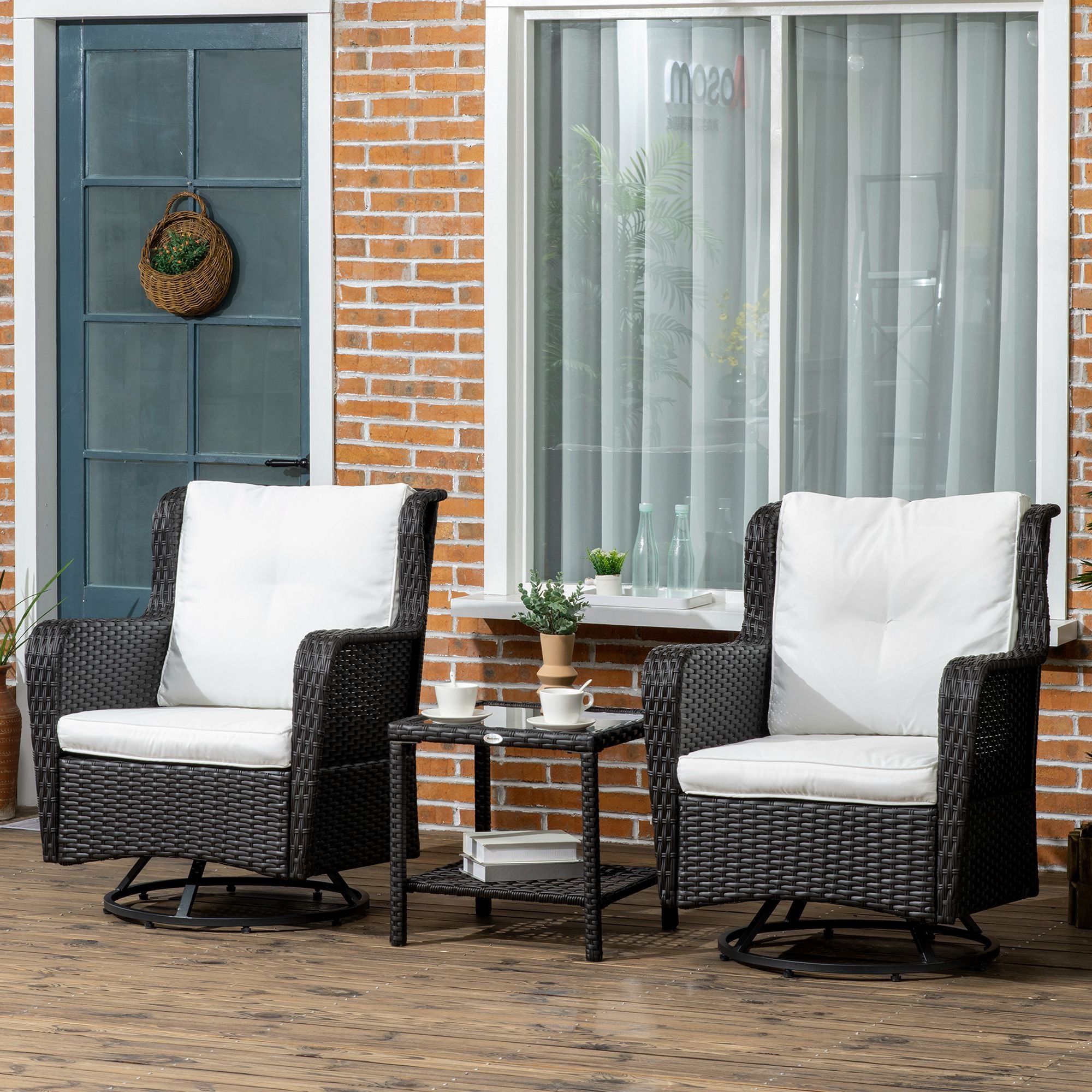 Patio Bistro Set, Porch Furniture with 360° Rotation & Rocking Function, 28.25"x30.75"x36.25", Cream White