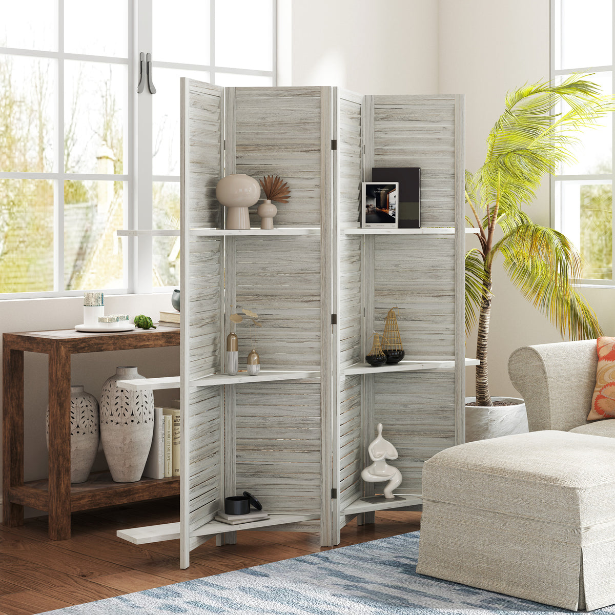 4 Panel 67" Tall Wood Privacy Screen Room Divider with 3 Shelves and Folding Storage for Bedroom, Distressed White