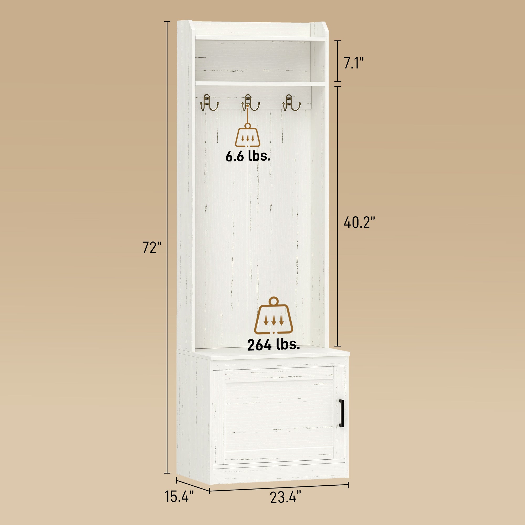 Narrow Hall Tree with Shoe Storage Bench, Rustic Entryway Bench with Coat Rack, Accent Coat Tree with Storage Shelves for Hallway, Mudroom, White Wood Grain