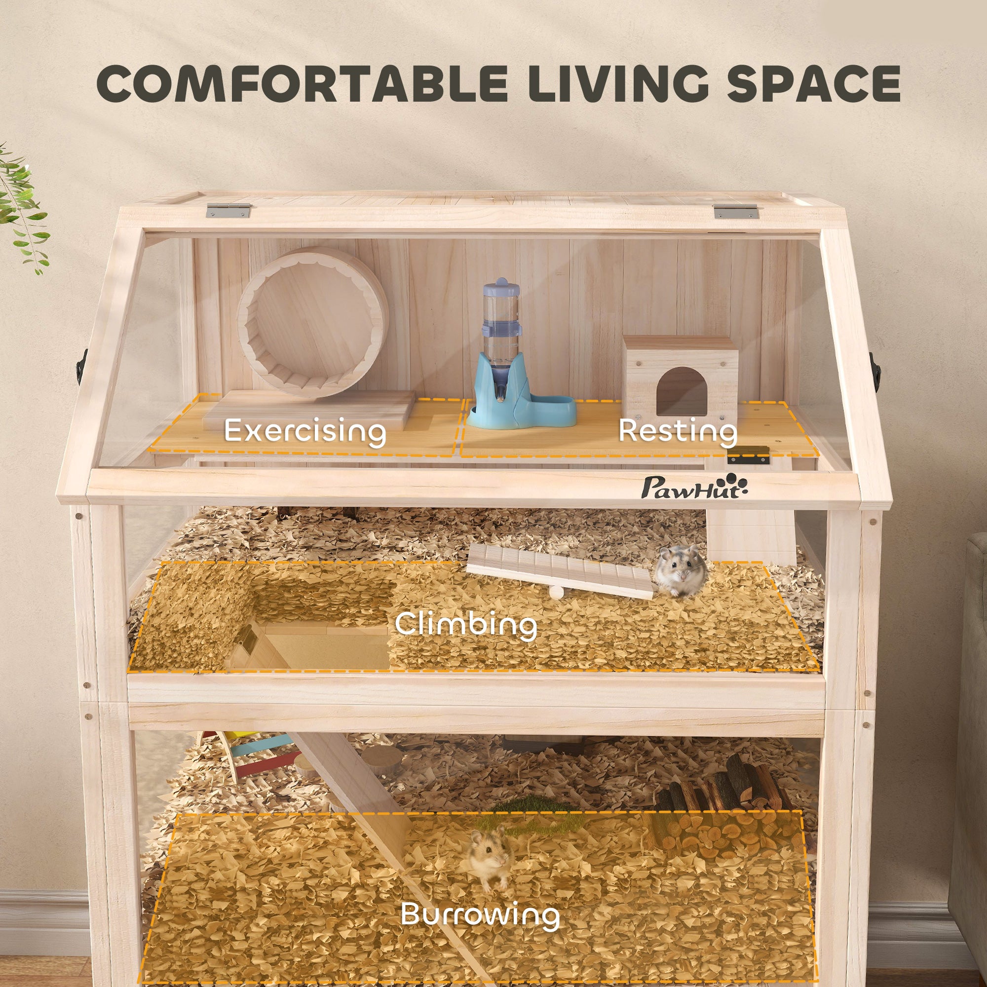 Wooden Hamster Cage with Detachable Lower Floor, Storage Shelf, Hut, Seesaw, Exercise Wheel, Ramps for Dwarf