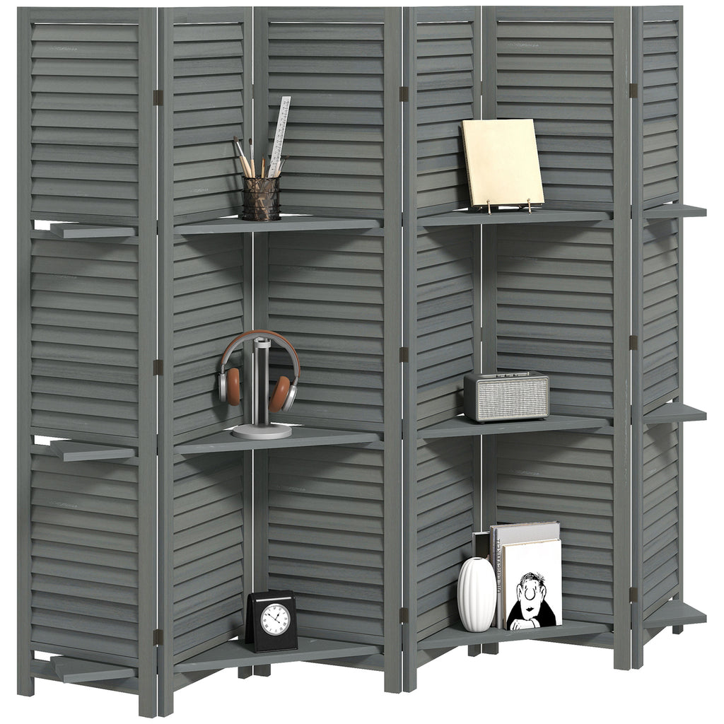 6 Panel 67" Tall Wood Privacy Screen Room Divider with 3 Shelves and Folding Storage for Bedroom, Gray