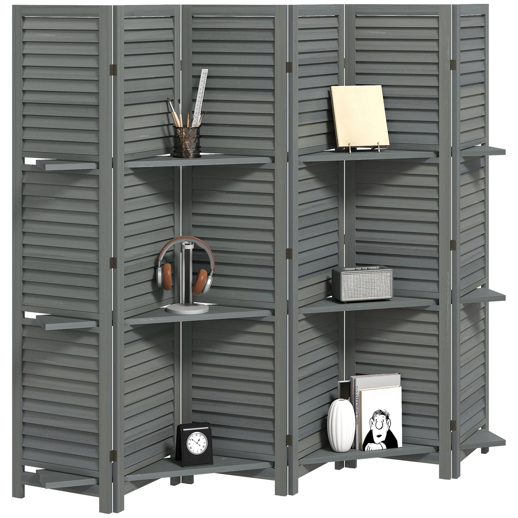 6 Panel 67" Tall Wood Privacy Screen Room Divider with 3 Shelves and Folding Storage for Bedroom, Gray