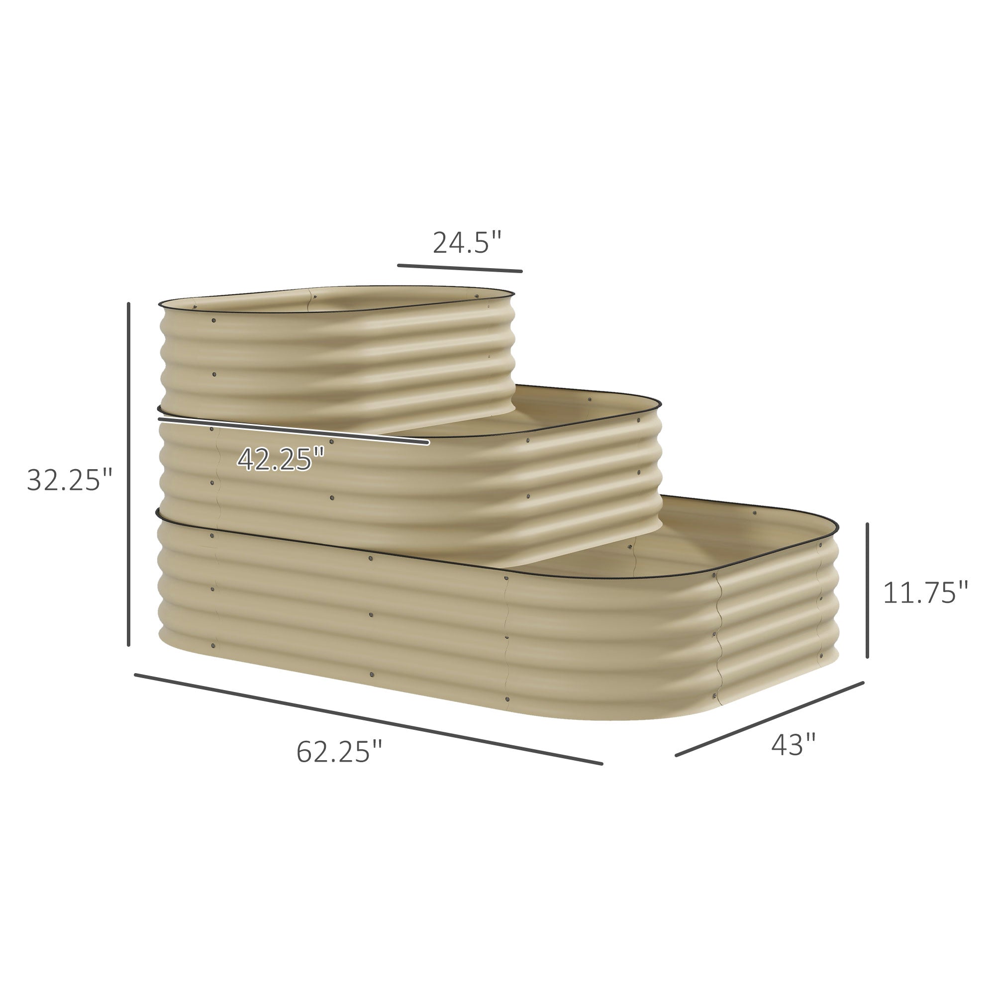 3-Tier Raised Garden Bed Set w/ Safety Edging, Open Bottom for Vegetables, Herbs, Flowers, 62.25" x 43" x 32.25", Cream