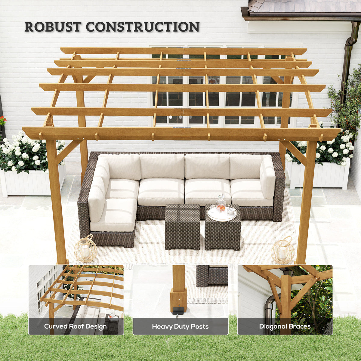 10' x 12' Wood Pergola, Outdoor Gazebo Grape Trellis with Arched Roof for Climbing Plant Support, Dark Brown