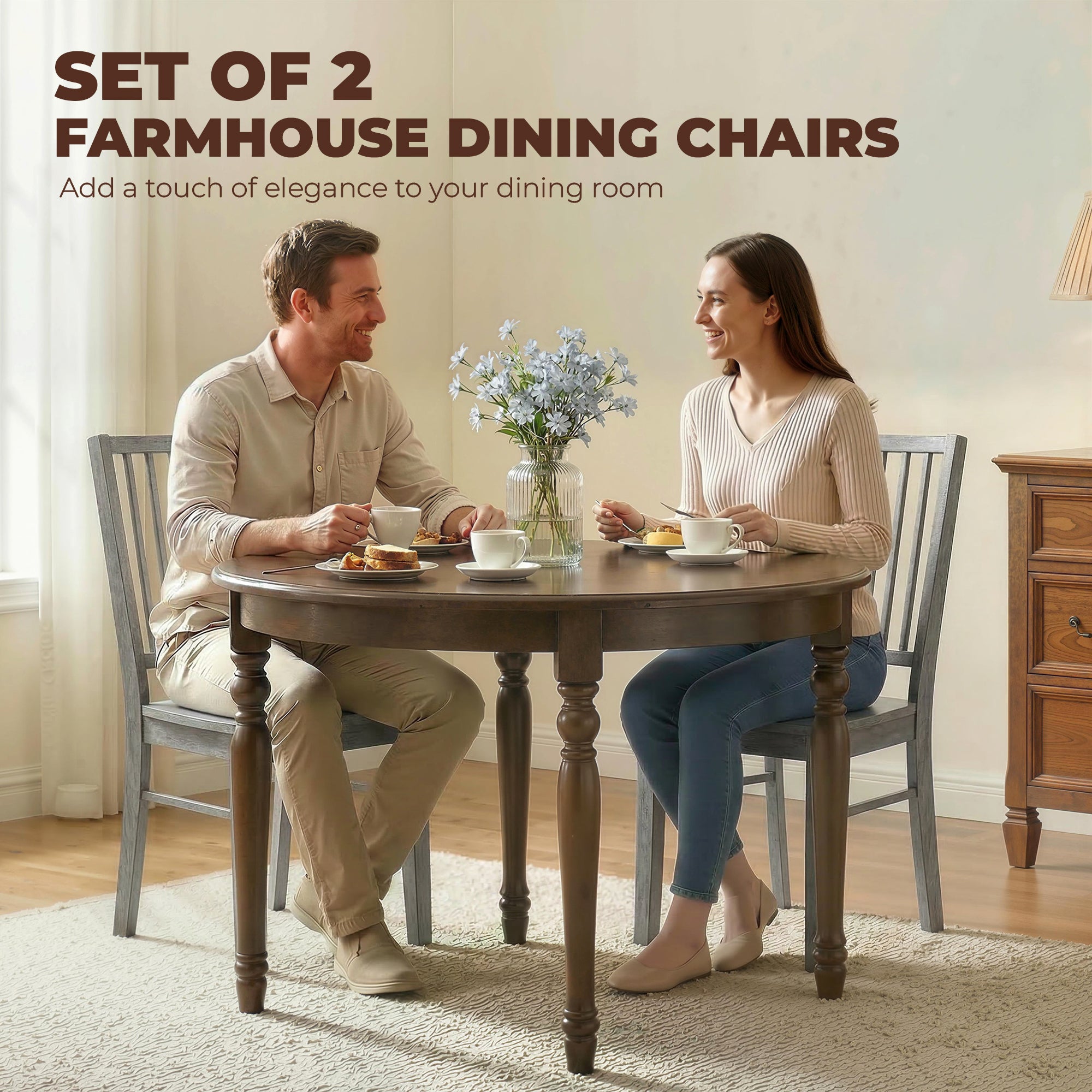 Dining Chairs Set of 2 Ergonomic Solid Wood, Armless Kitchen Chairs with Rubberwood Legs, Rustic Gray