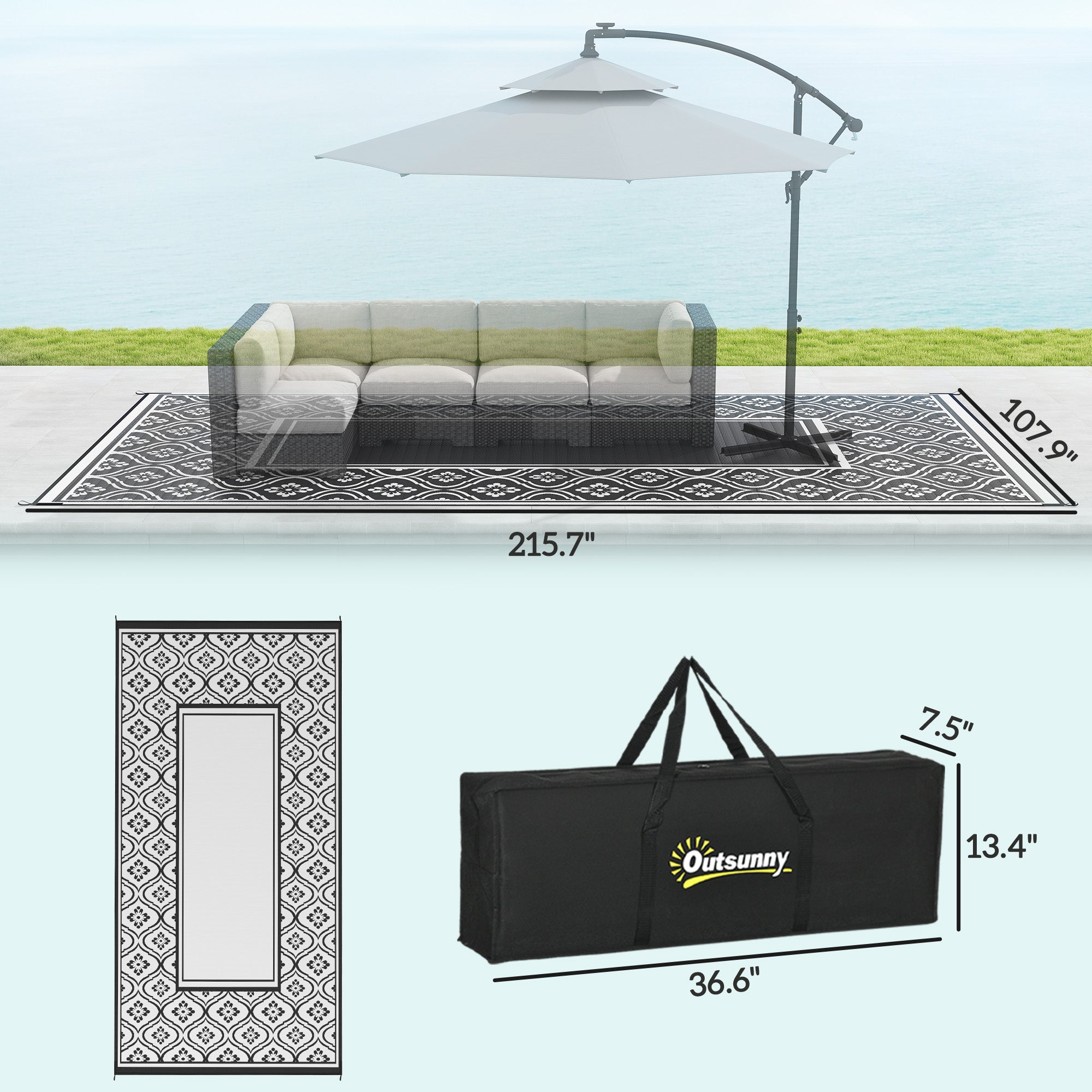 Reversible Outdoor Rug, Waterproof Plastic Straw with Carry Bag, 9' x 18', Black & White Gourd Border