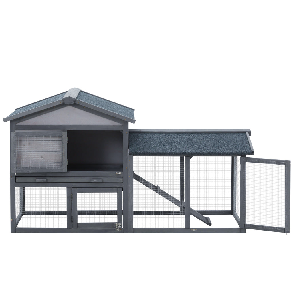 58" Large Rabbit Hutch Outdoor Indoor, Wooden Bunny Hutch, Guinea Pig Cage with Run, Removable Tray, Asphalt Roof, Lockable Doors and Ramp, for 1-2 Small Rabbits, Chickens, Ducks, Dark Gray