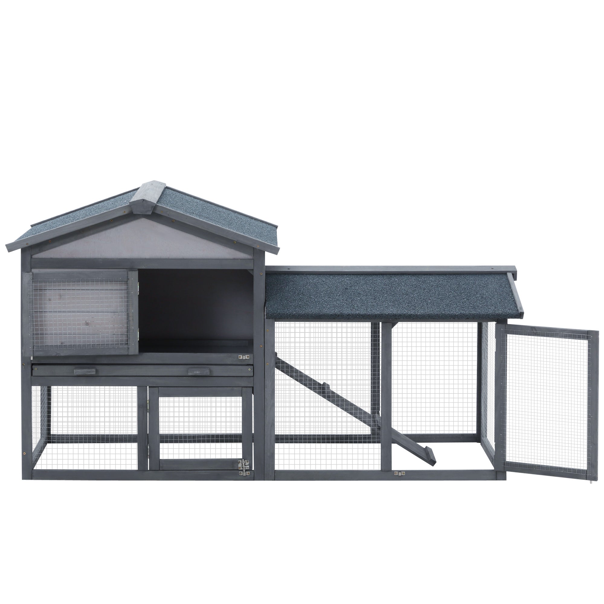 58" Large Rabbit Hutch Outdoor Indoor, Wooden Bunny Hutch, Guinea Pig Cage with Run, Removable Tray, Asphalt Roof, Lockable Doors and Ramp, for 1-2 Small Rabbits, Chickens, Ducks, Dark Gray