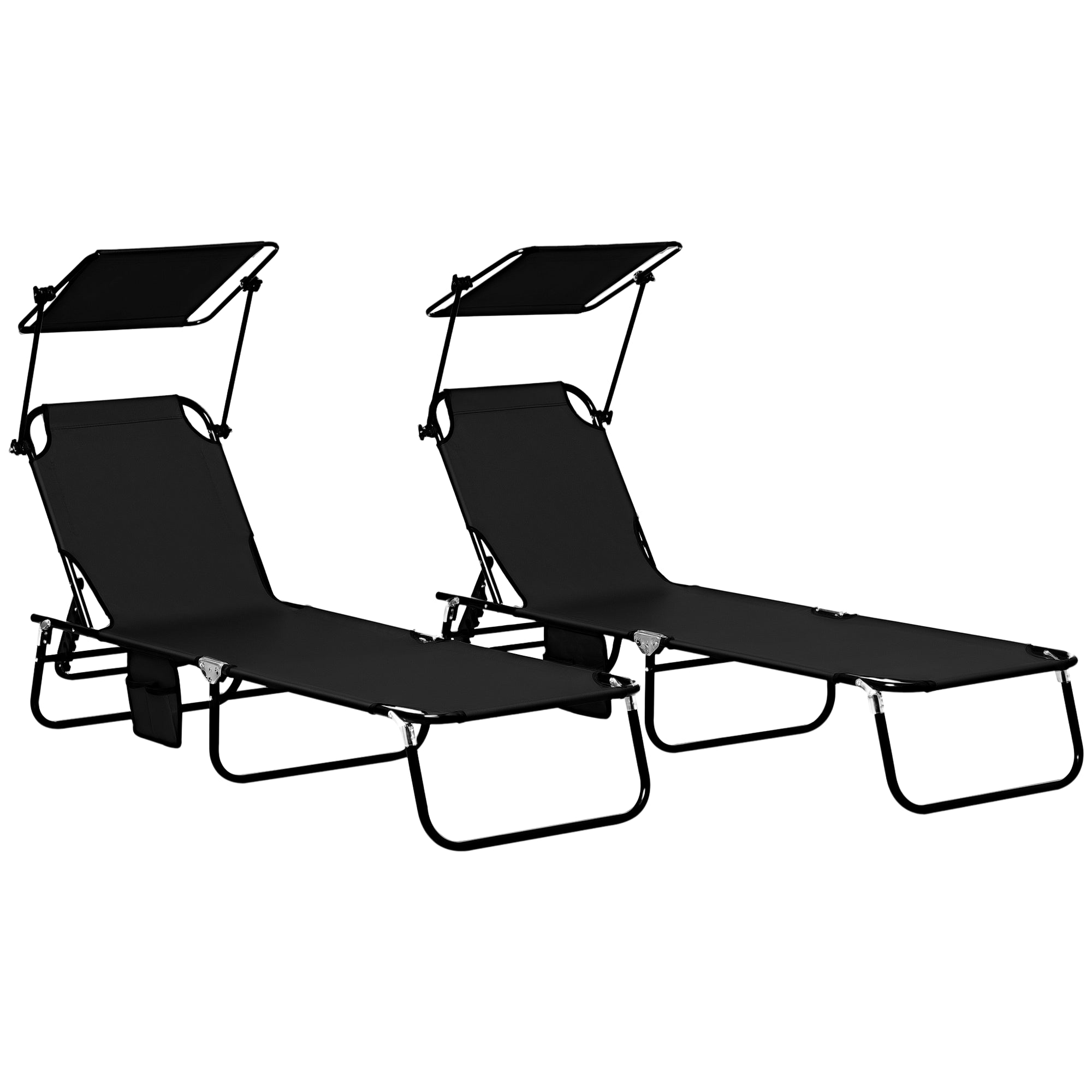 Chaise Pool Lounge Chairs Set of 2, Outdoor Sun Tanning Chairs, Reclining Back, Steel Frame and Side Pocket, Black