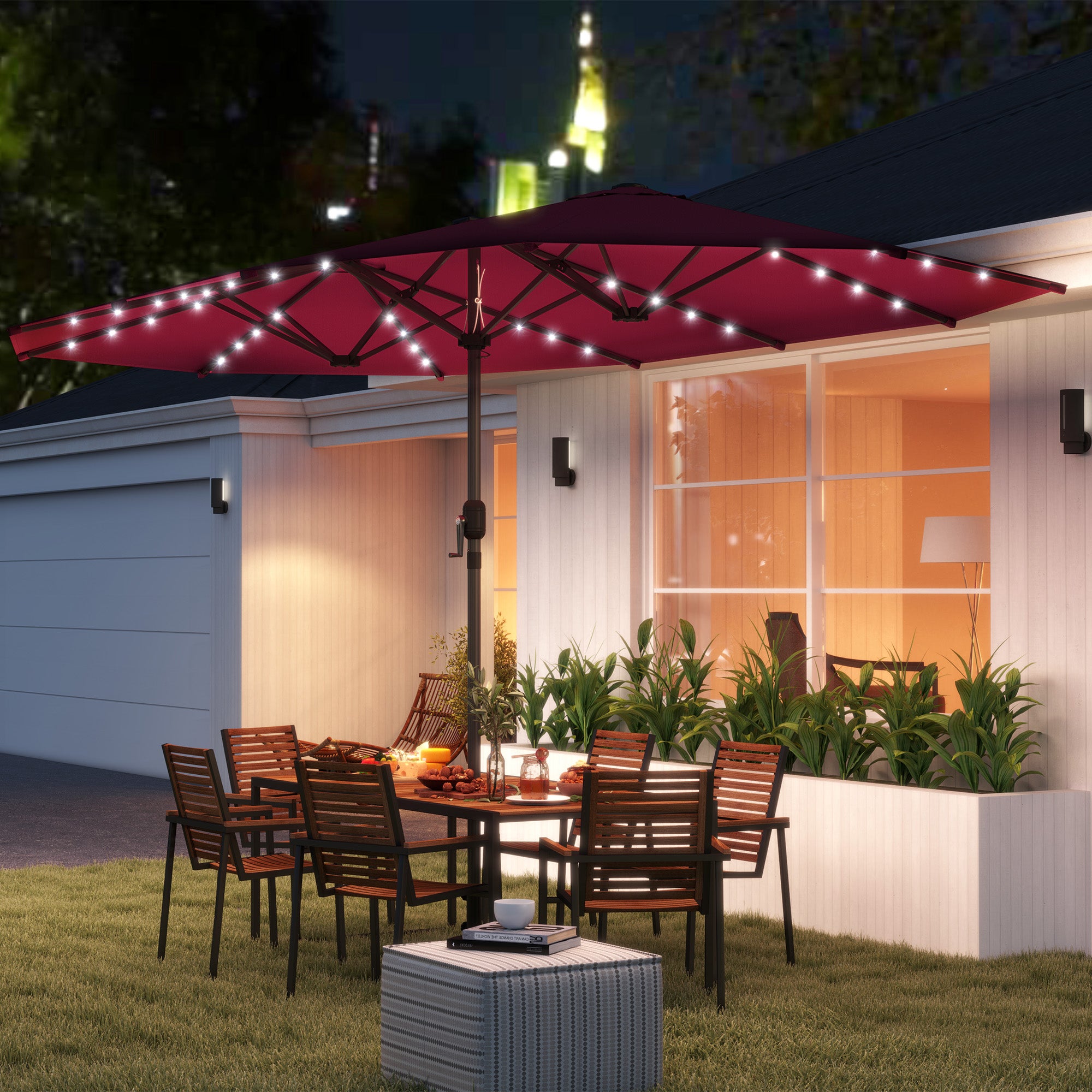 Garden Parasol, Double-Sided Sun Umbrella with LED Solar Lights, Patio Parasol for Outdoor, Wine Red