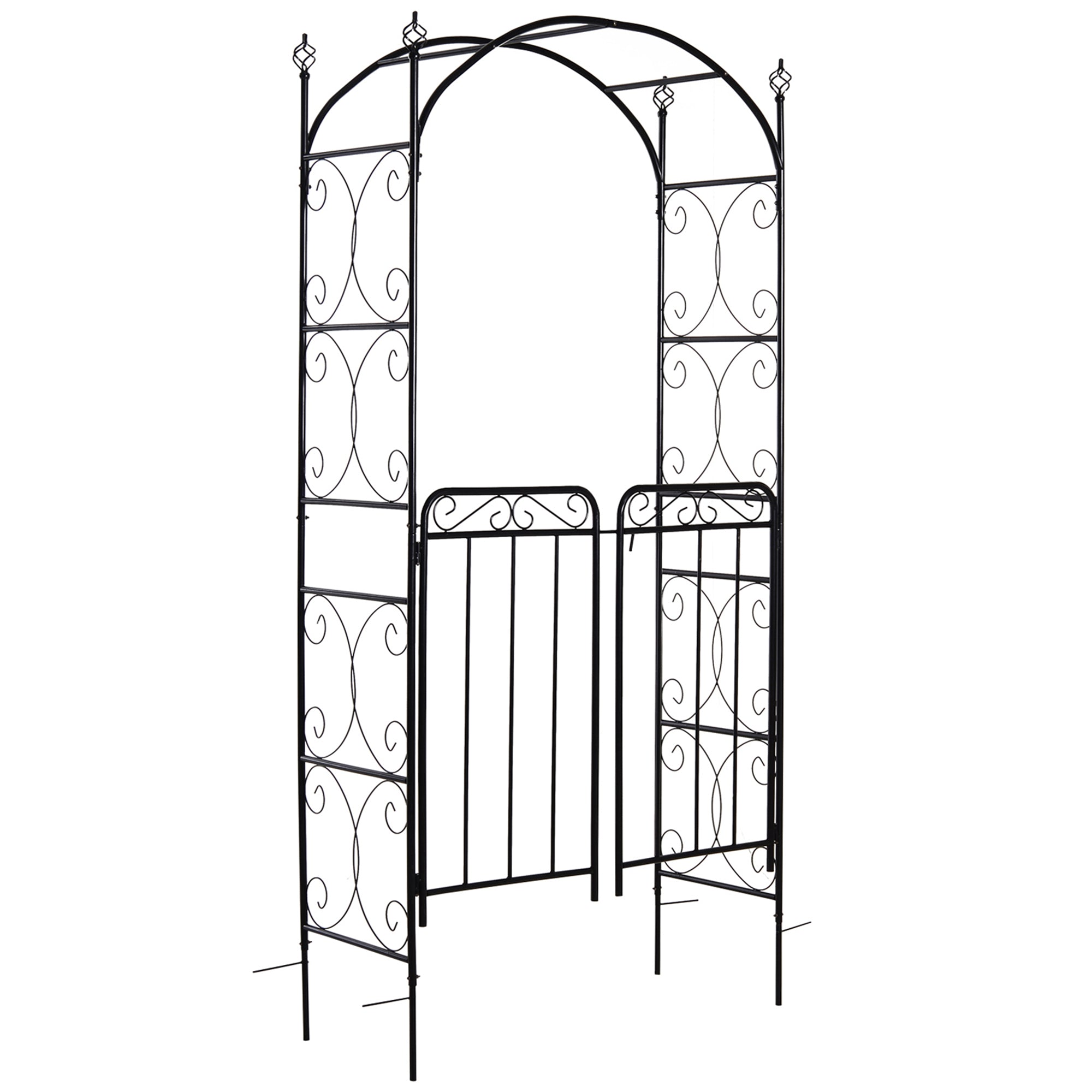 84" Garden Arch Arbor with Gate, Metal Arch Trellis, Garden Archway for Climbing Vines, Wedding Ceremony Decoration, Flourishes & Arrow Tips, Black