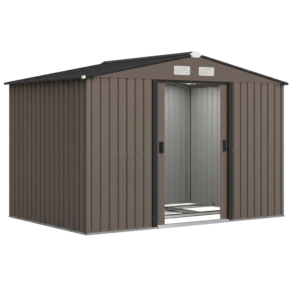 Outdoor Shed Garden Storage Shed Tool Storage Building with 4 Vents and 2 Sliding Doors, 9 x 6 FT, Brown