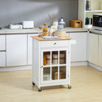 27" Rolling Kitchen Island Cart with Drawer and Glass Door Cabinet, Kitchen Trolley with Adjustable Shelf and Towel Rack, White