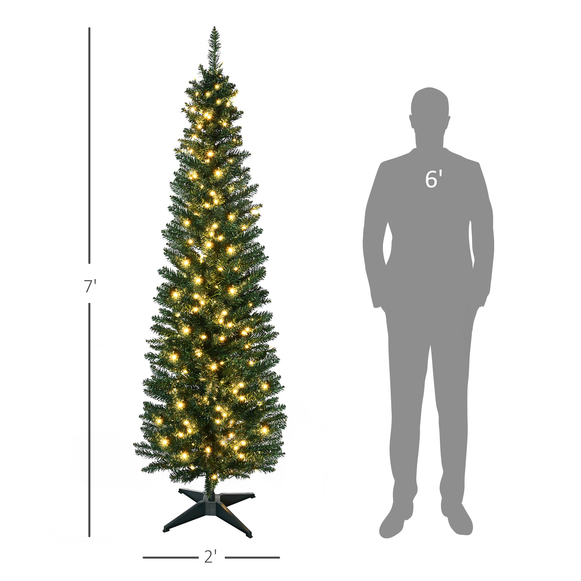 7' Tall Pre-Lit Slim Noble Fir Artificial Pencil Christmas Tree with 200 Warm White LED Lights and 499 Tips, for Christmas Decoration, Green