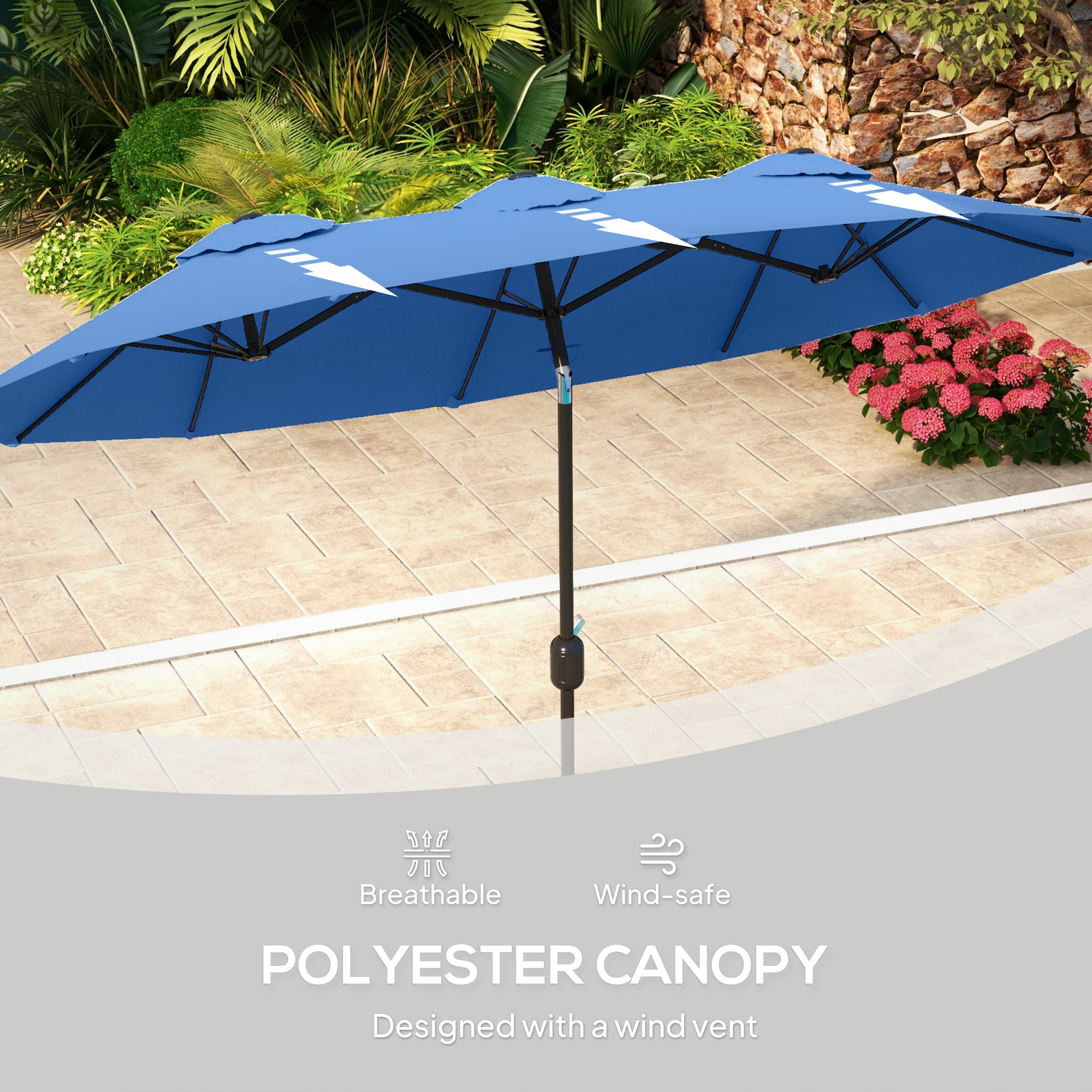 Double-sided Patio Umbrella, 9.5' Outdoor Umbrella with Push Button Tilt and Crank, 3 Air Vents and 12 Ribs, Navy Blue