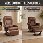 Air Leather Manual Recliner, Adjustable Swivel Lounge Chair with Footrest, Armrest and Wrapped Wood Base, Brown