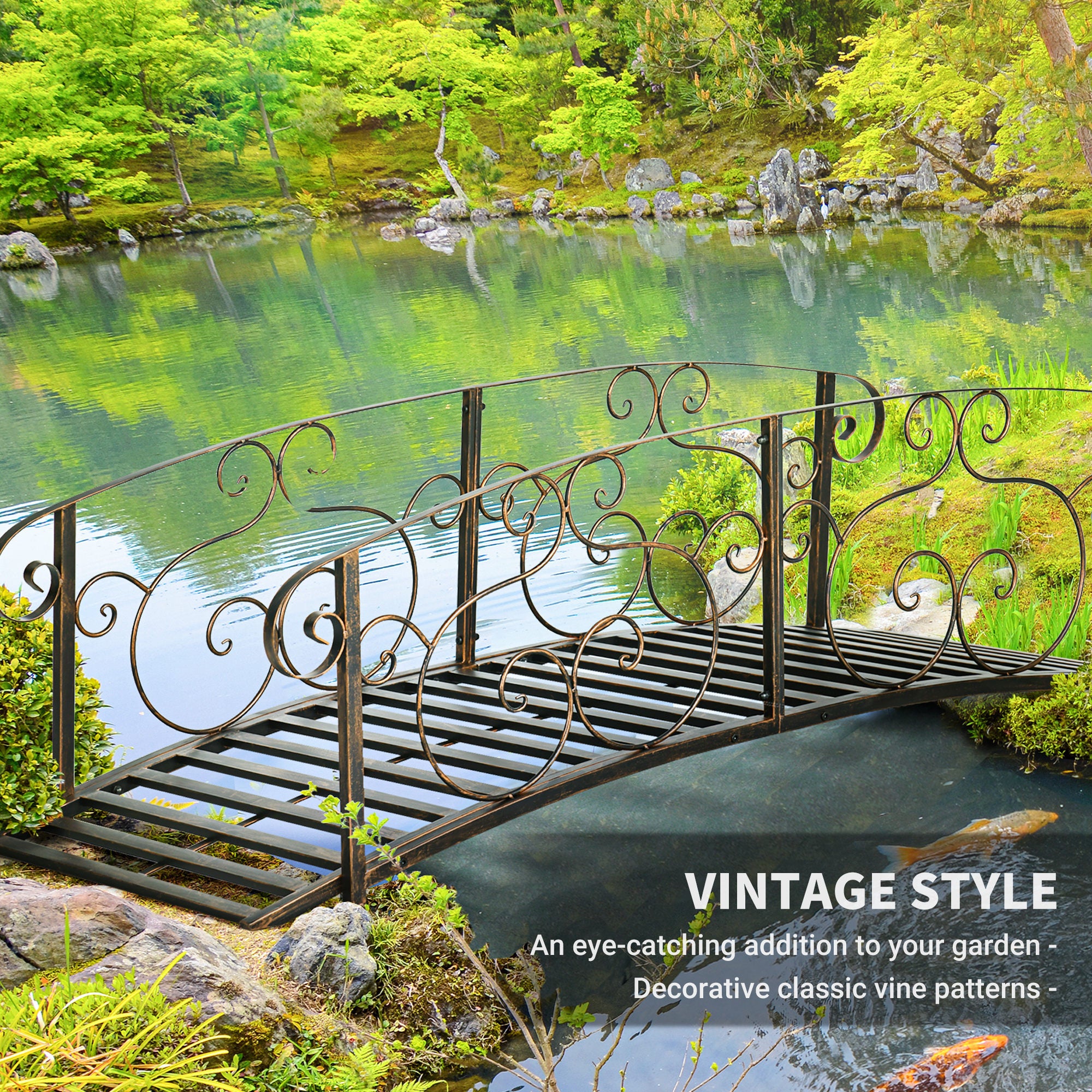 6' Metal Arch Backyard Garden Bridge, Safety Siderails, Arc Footbridge for Backyard Creek, Stream, Pond, Bronze
