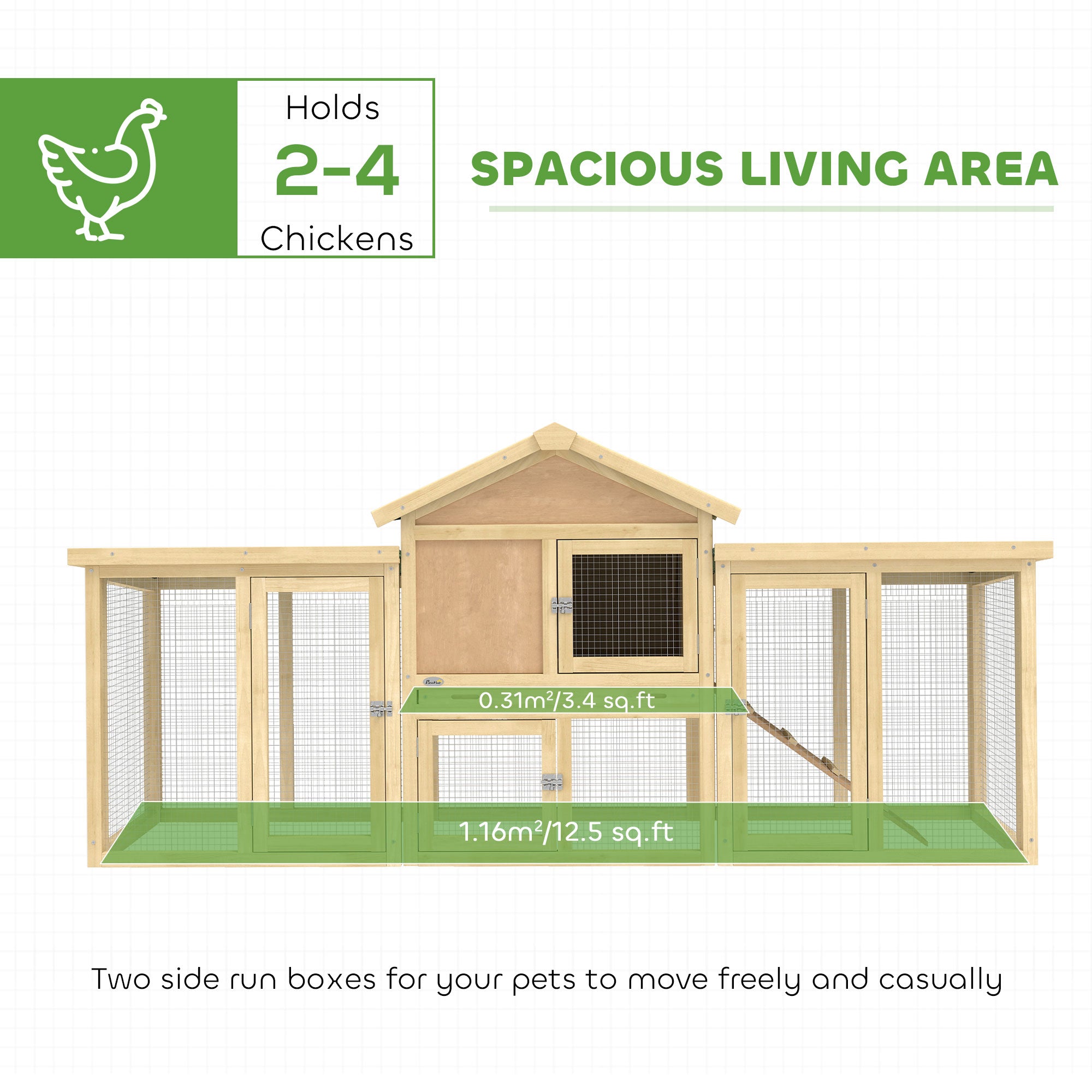 Wooden Chicken Coop ith Nesting Box, Double Runs, Removable Tray, Ramp, for Garden Backyard