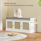 Shoe Storage Bench with Woven Rattan Doors, Shoe Bench with Cushion, Adjustable Shelves, Entryway Bench, White
