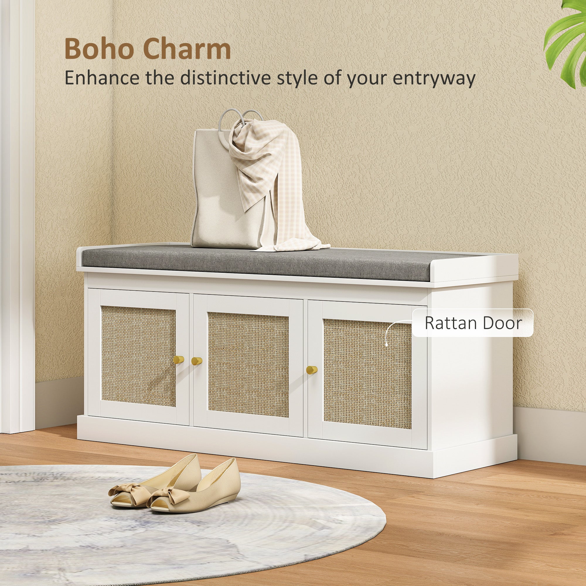 Shoe Storage Bench with Woven Rattan Doors, Shoe Bench with Cushion, Adjustable Shelves, Entryway Bench, White