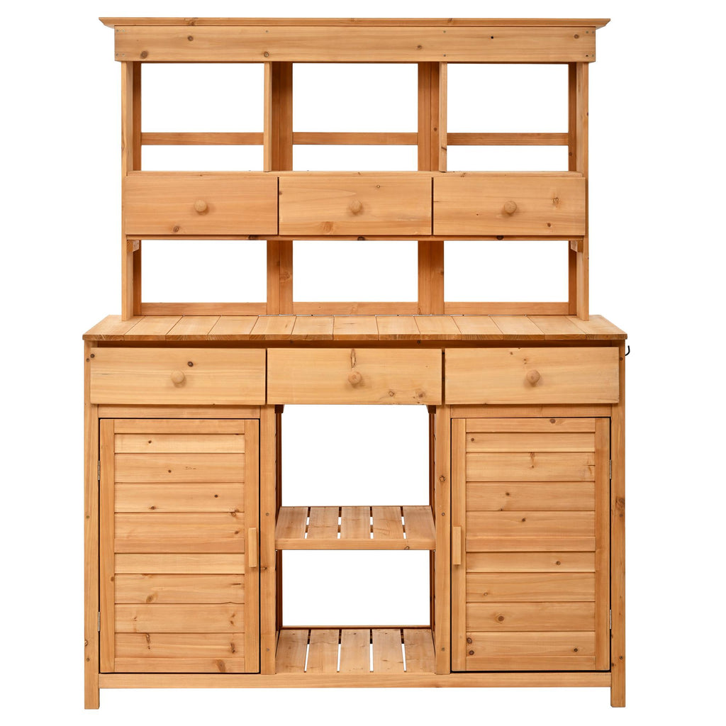 Tall Potting Bench with 3 Shelves, 6 Drawers, Hutch and Cabinet, Wood Garden Workstation for Patio, 50'' L x 20.5'' W x 65.5'' H, Natural