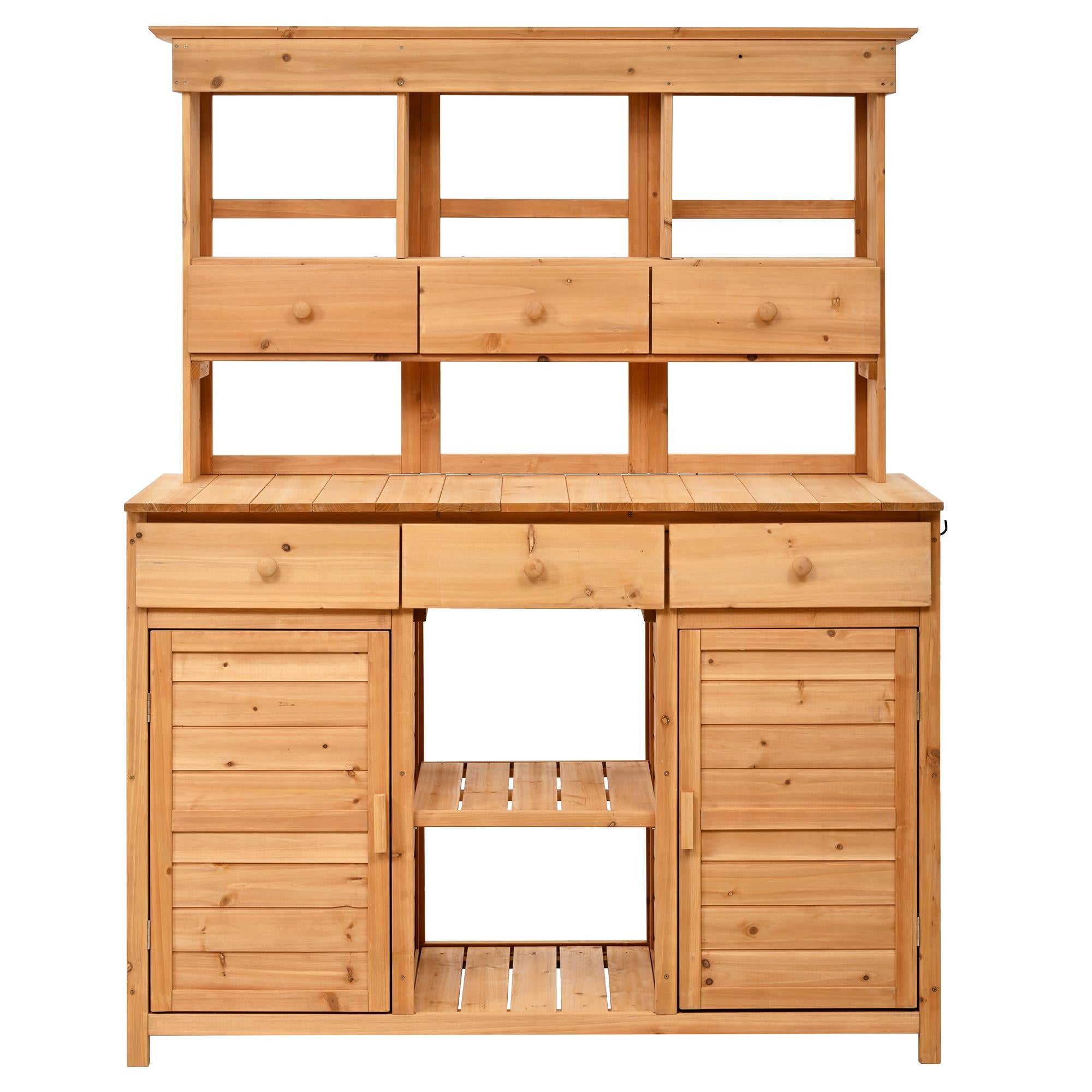 Tall Potting Bench with 3 Shelves, 6 Drawers, Hutch and Cabinet, Wood Garden Workstation for Patio, 50'' L x 20.5'' W x 65.5'' H, Natural