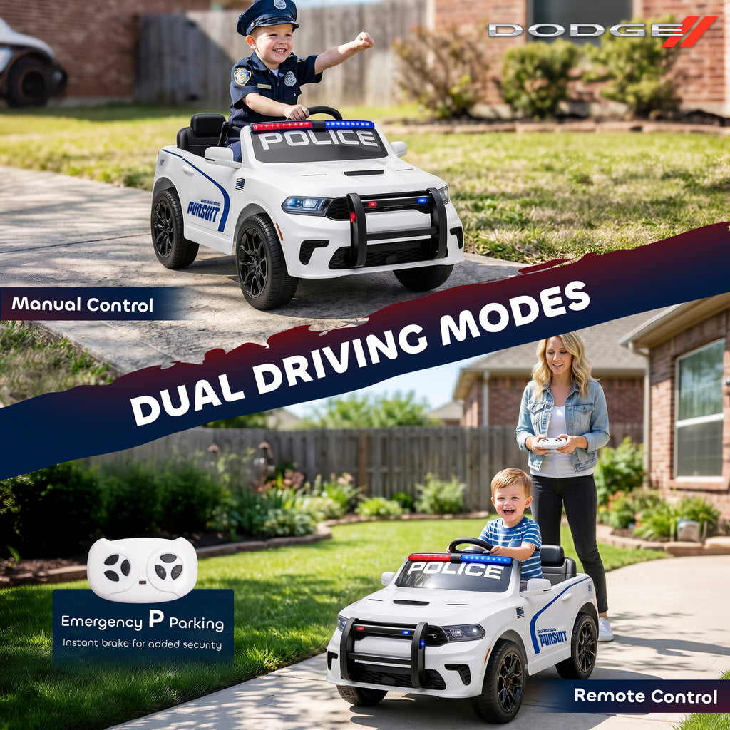 Licensed Ride On Police Car for Kids with 2 Seater, Remote, Suspension, Flashing Lights, Siren for Ages 3-6, White