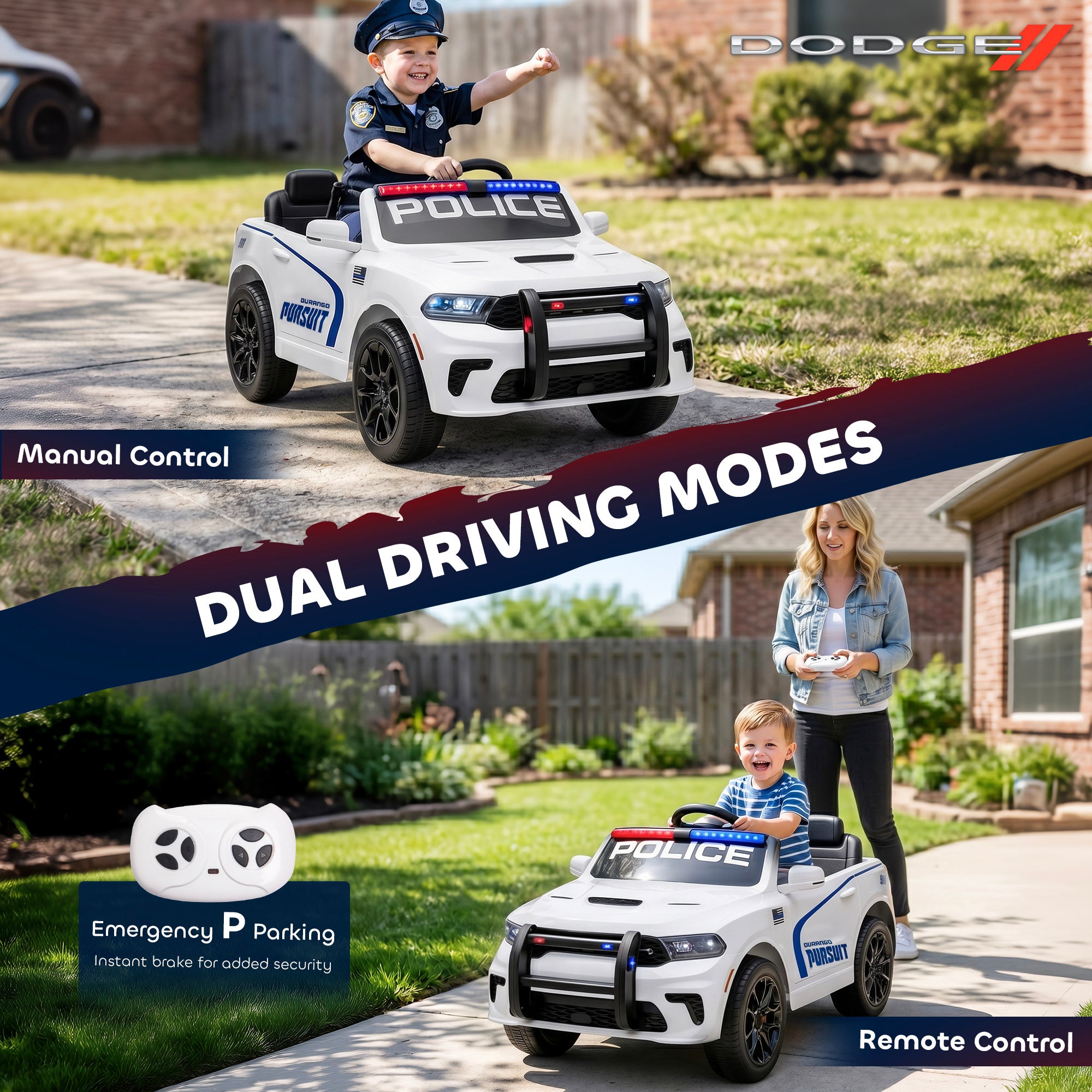 Licensed Ride On Police Car for Kids with 2 Seater, Remote, Suspension, Flashing Lights, Siren for Ages 3-6, White