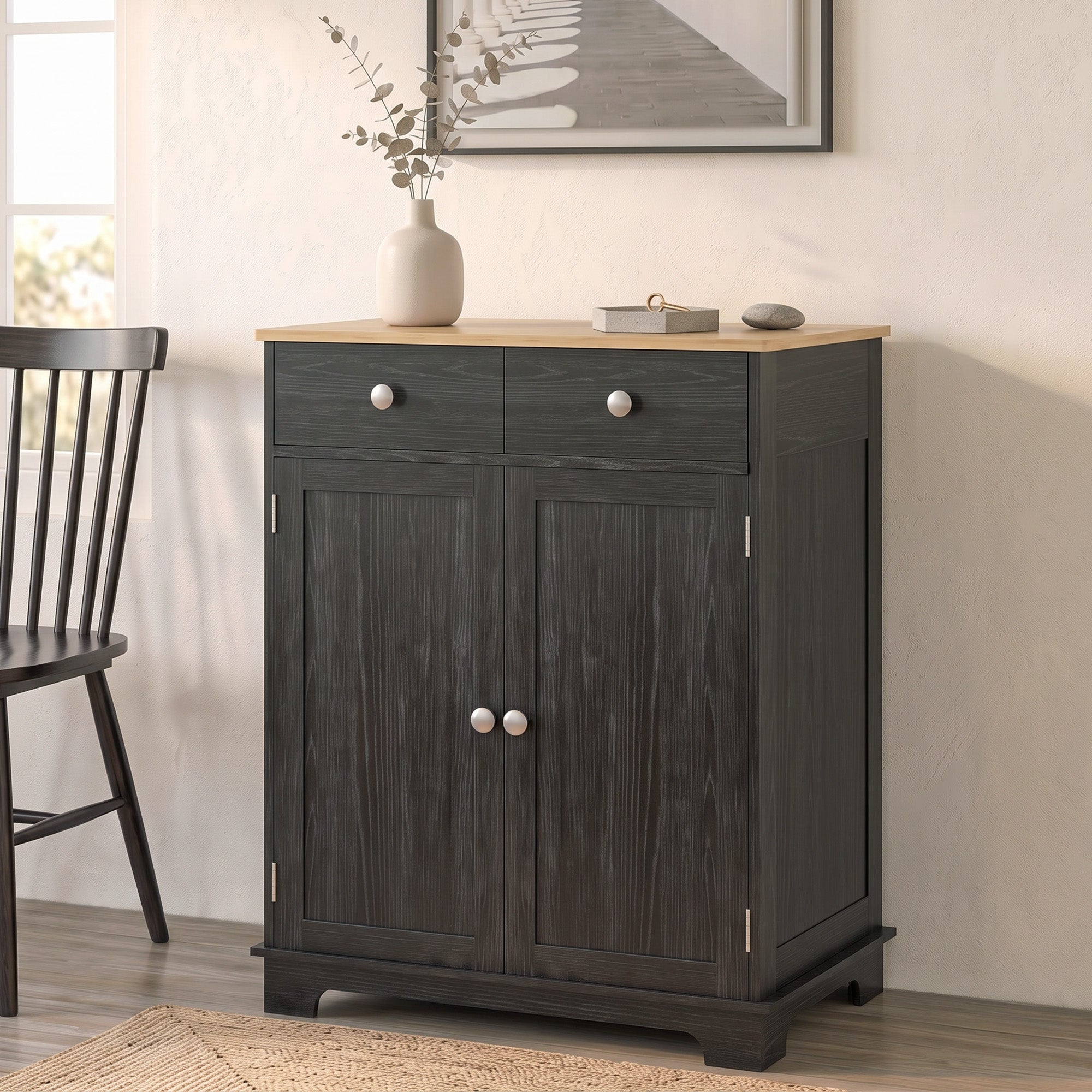 Kitchen Storage Cabinet, Sideboard Floor Cupboard with Solid Wood Top, Adjustable Shelf, and 2 Drawers, Distressed Black