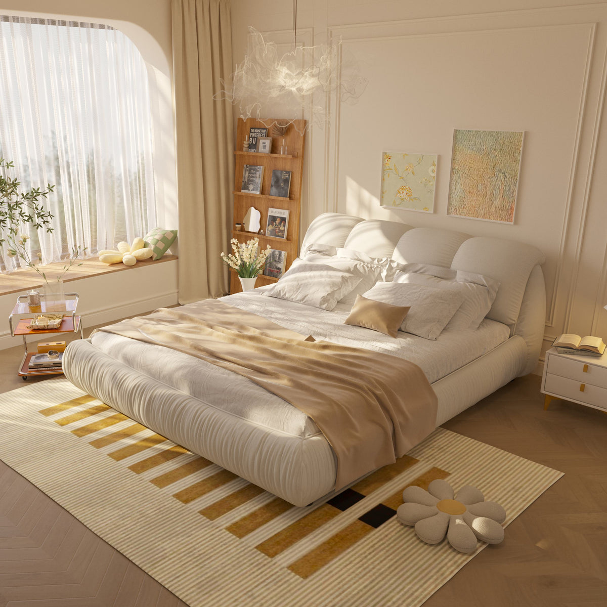 King Size Upholstered Bed with Oversized Padded Backrest, Solid Wood Frame, Adjustable Mattress Heights, 96.5" L x 86" W x 43.5" H, Beige