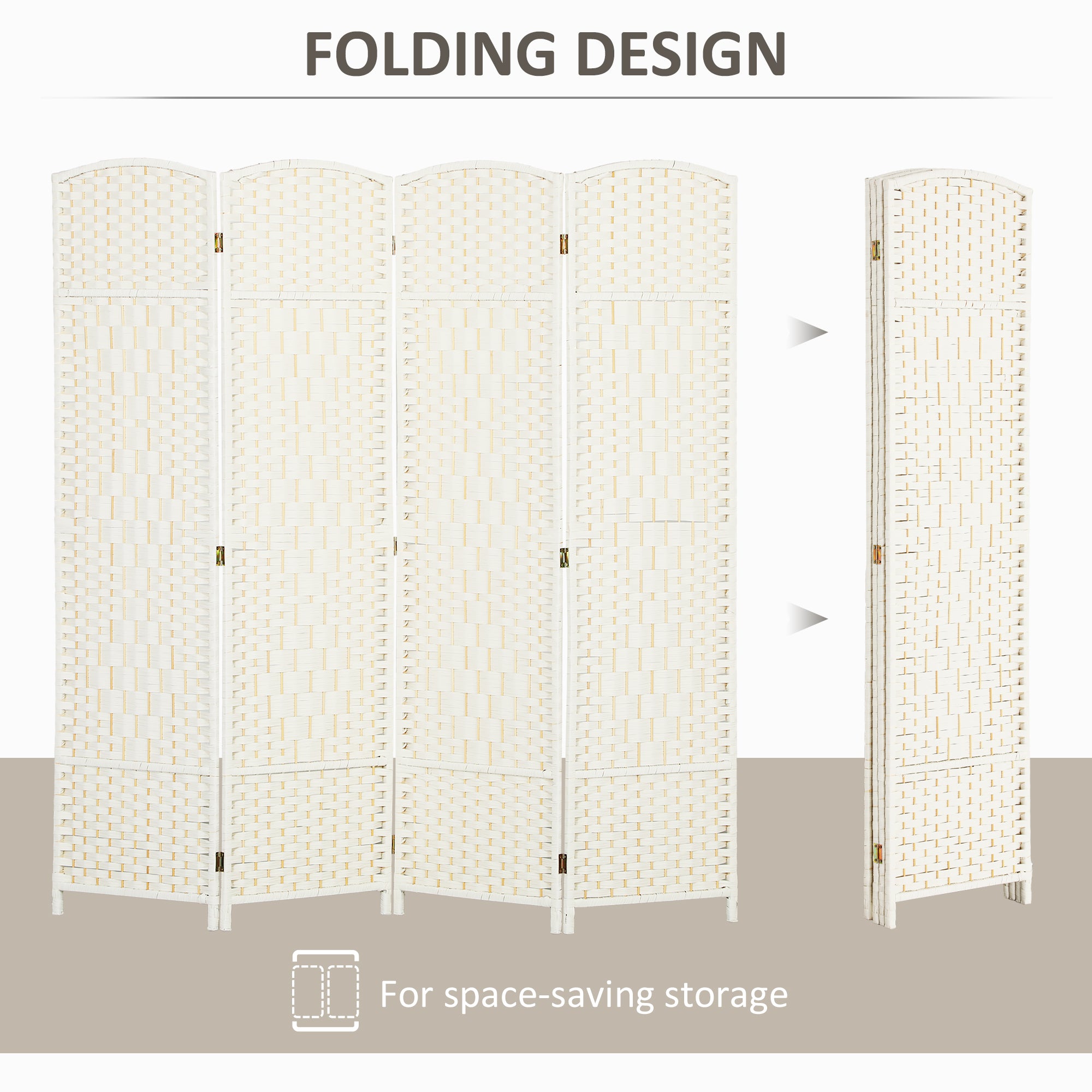Folding Room Divider Screen 4 Panel 6' Tall Privacy Screen Freestanding Wood Partition for Home Office, White