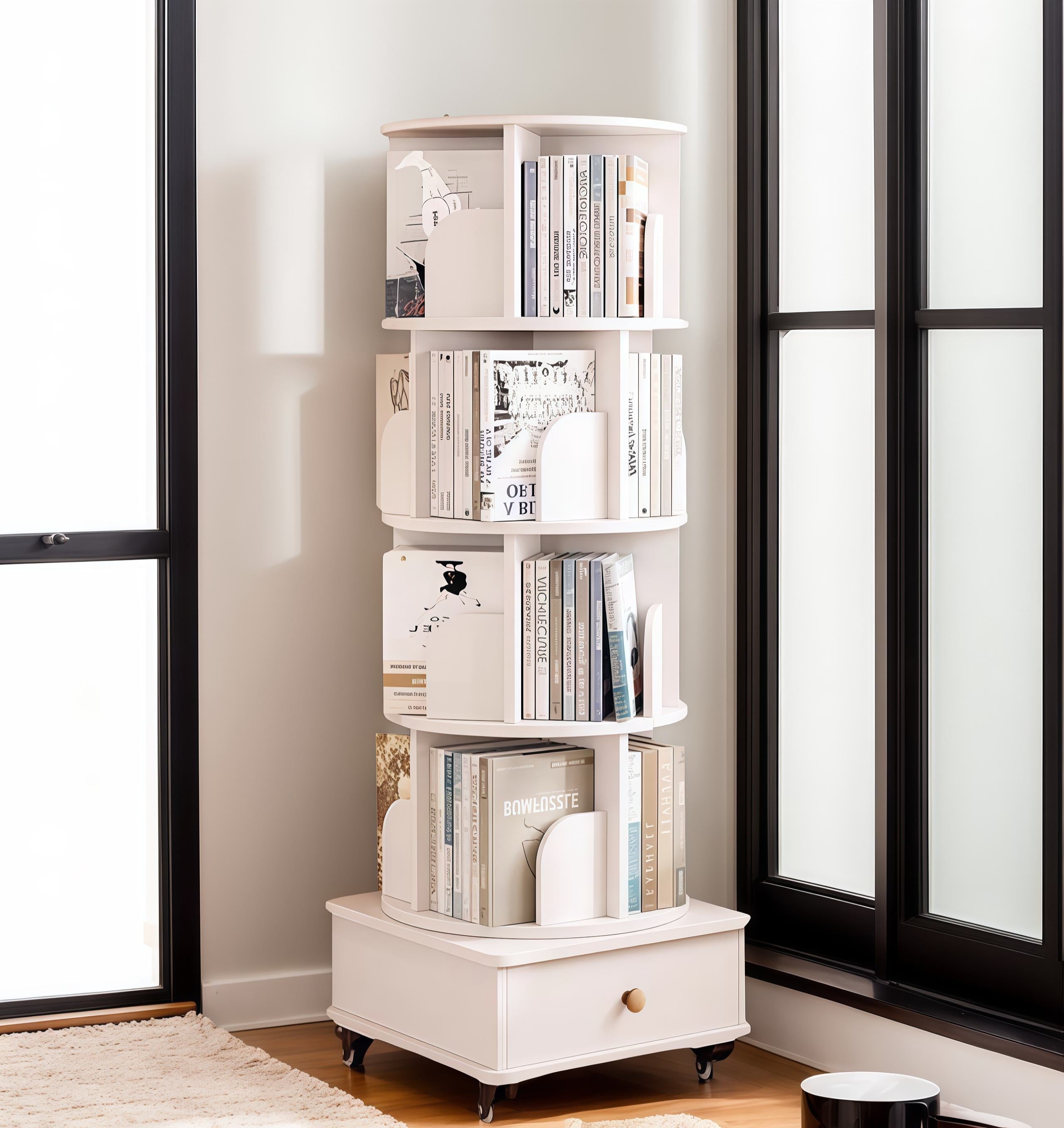 Rotating Bookshelf with 360-Degree Rotating Design, Wood Narrow Book Shelf Organizer for Bedroom, Living Room, 18″ L x 18″ W x 51″ H, White